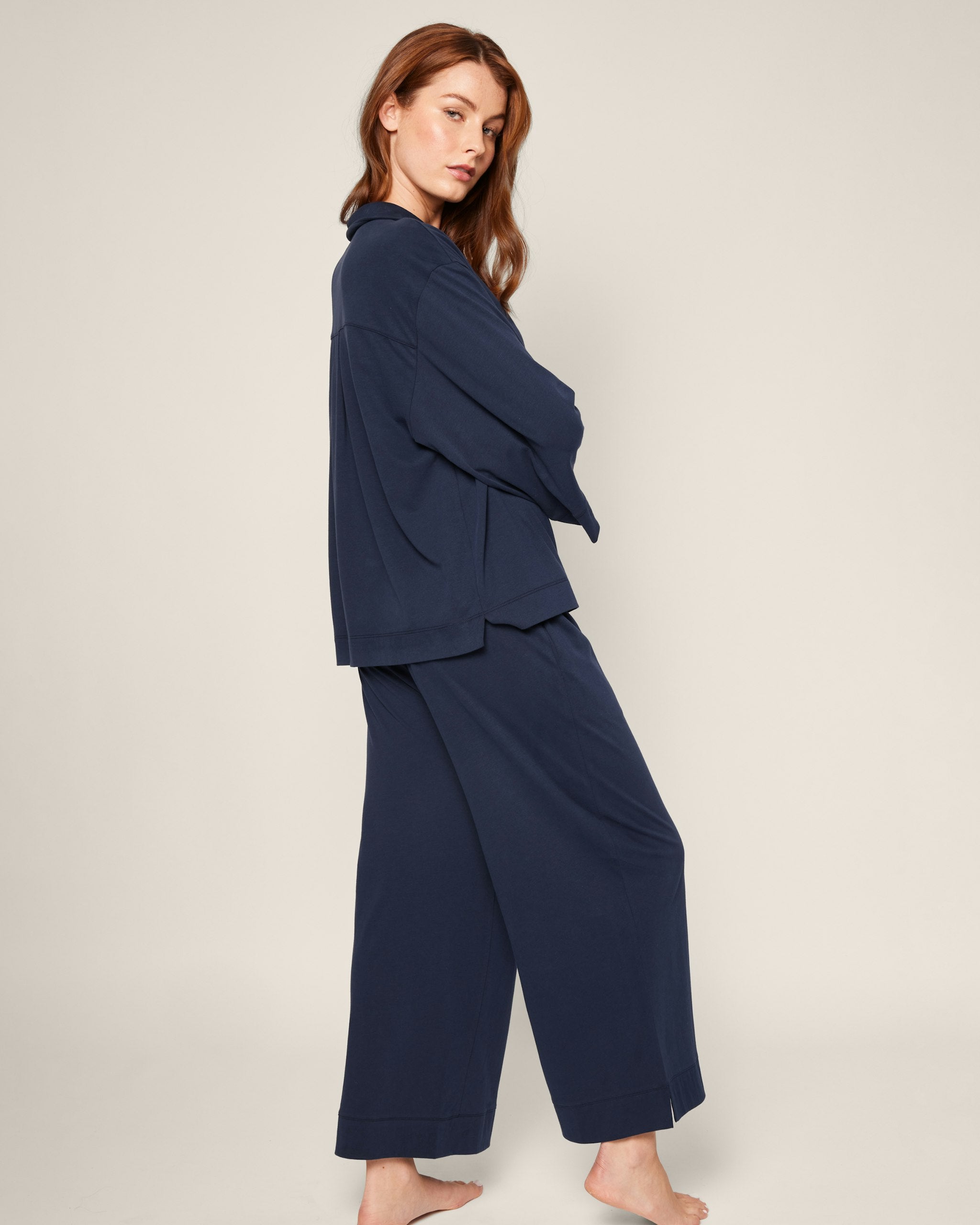 The Olivia Wide Leg Pima Pajama Set in Pink Stripe in Navy#Color_Navy