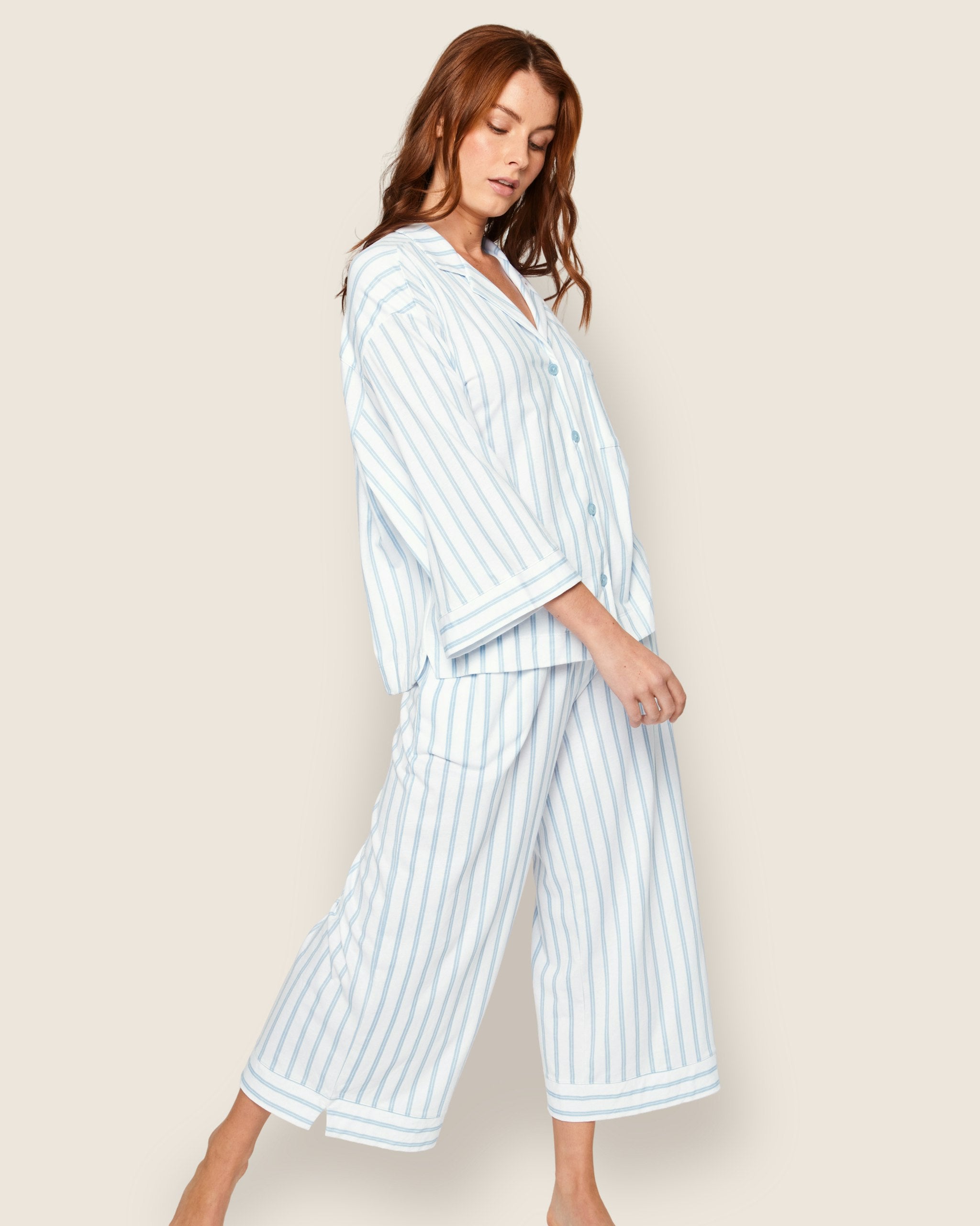 The Olivia Wide Leg Pima Pajama Set in Pink Stripe in Periwinkle and White Stripe#Color_Periwinkle and White Stripe