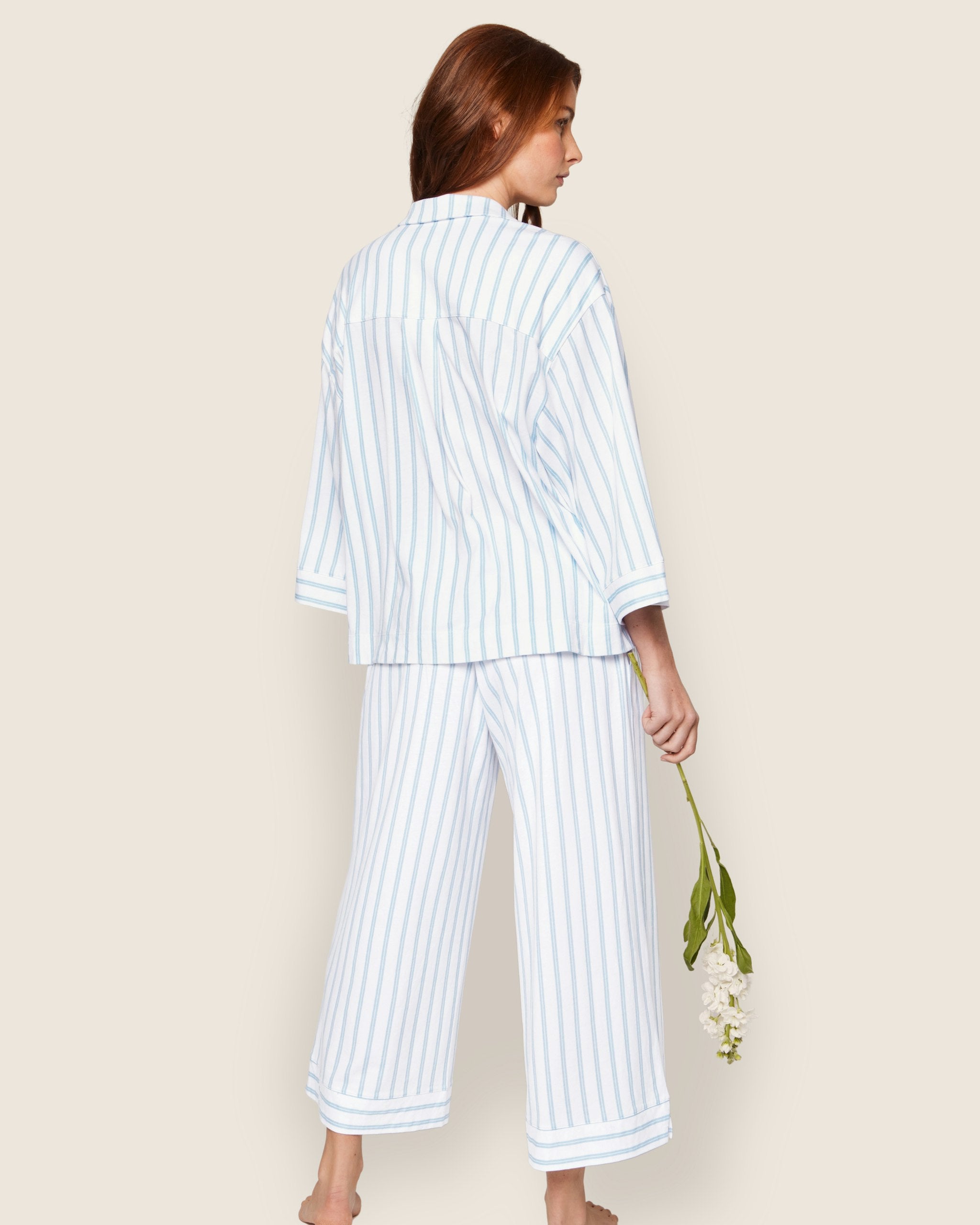 The Olivia Wide Leg Pima Pajama Set in Fleur D'Azur in Periwinkle and White Stripe#Color_Periwinkle and White Stripe