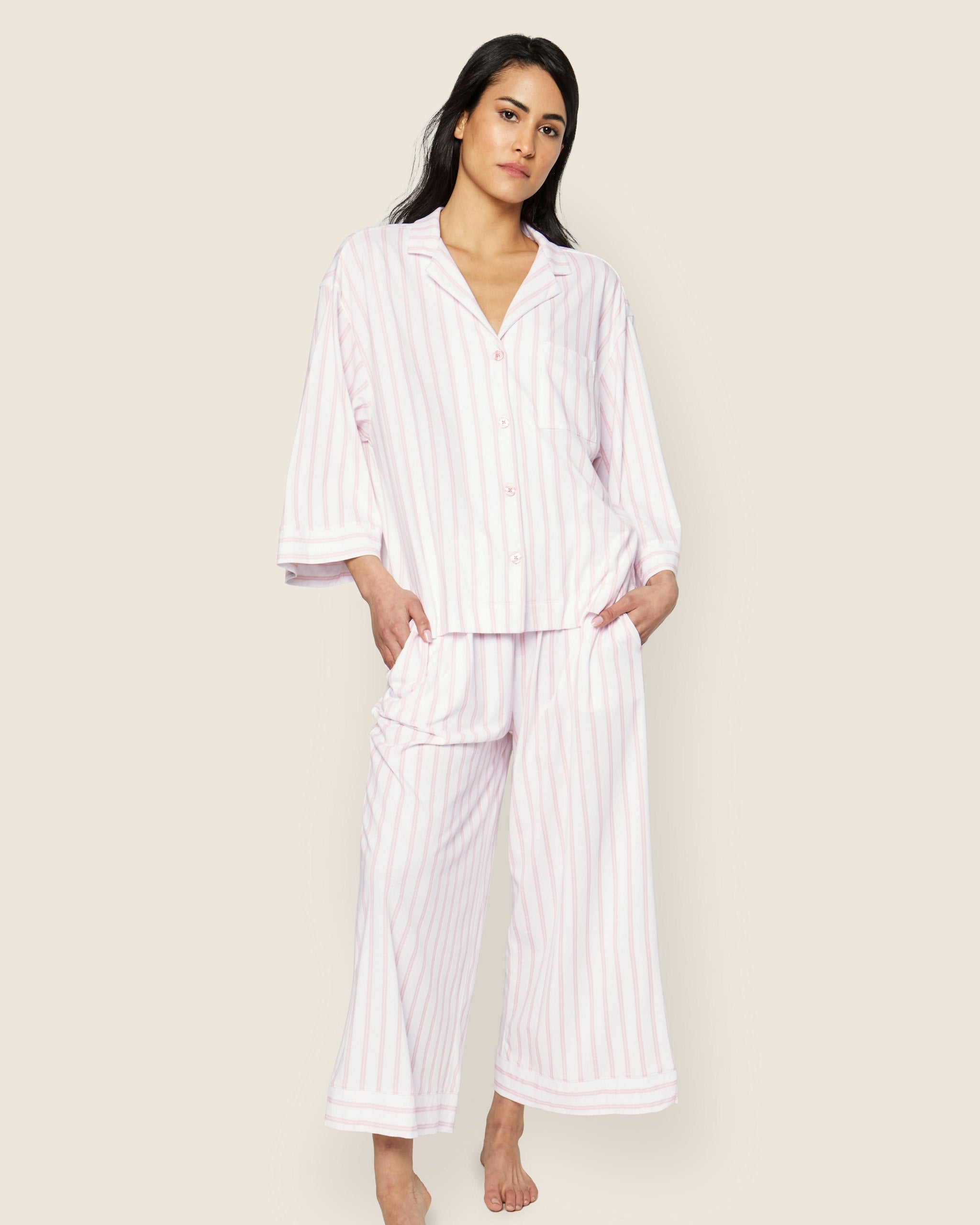 The Olivia Wide Leg Pima Pajama Set in Pink Stripe in Pink Stripe#Color_Pink Stripe