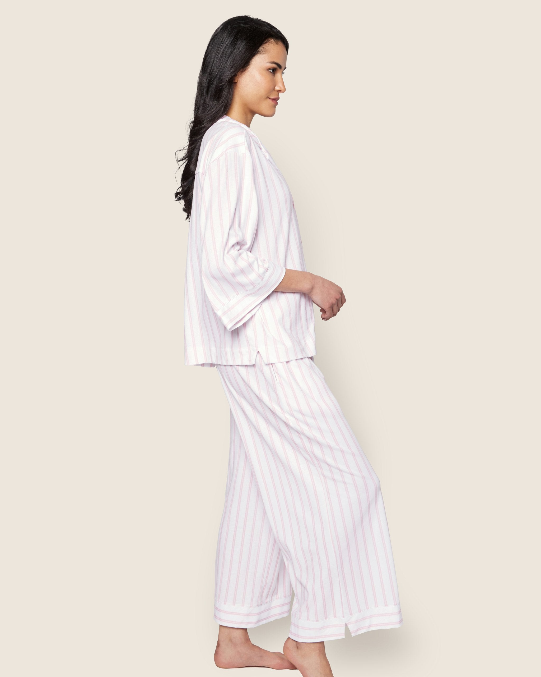 The Olivia Wide Leg Pima Pajama Set in Pink Stripe in Pink Stripe#Color_Pink Stripe