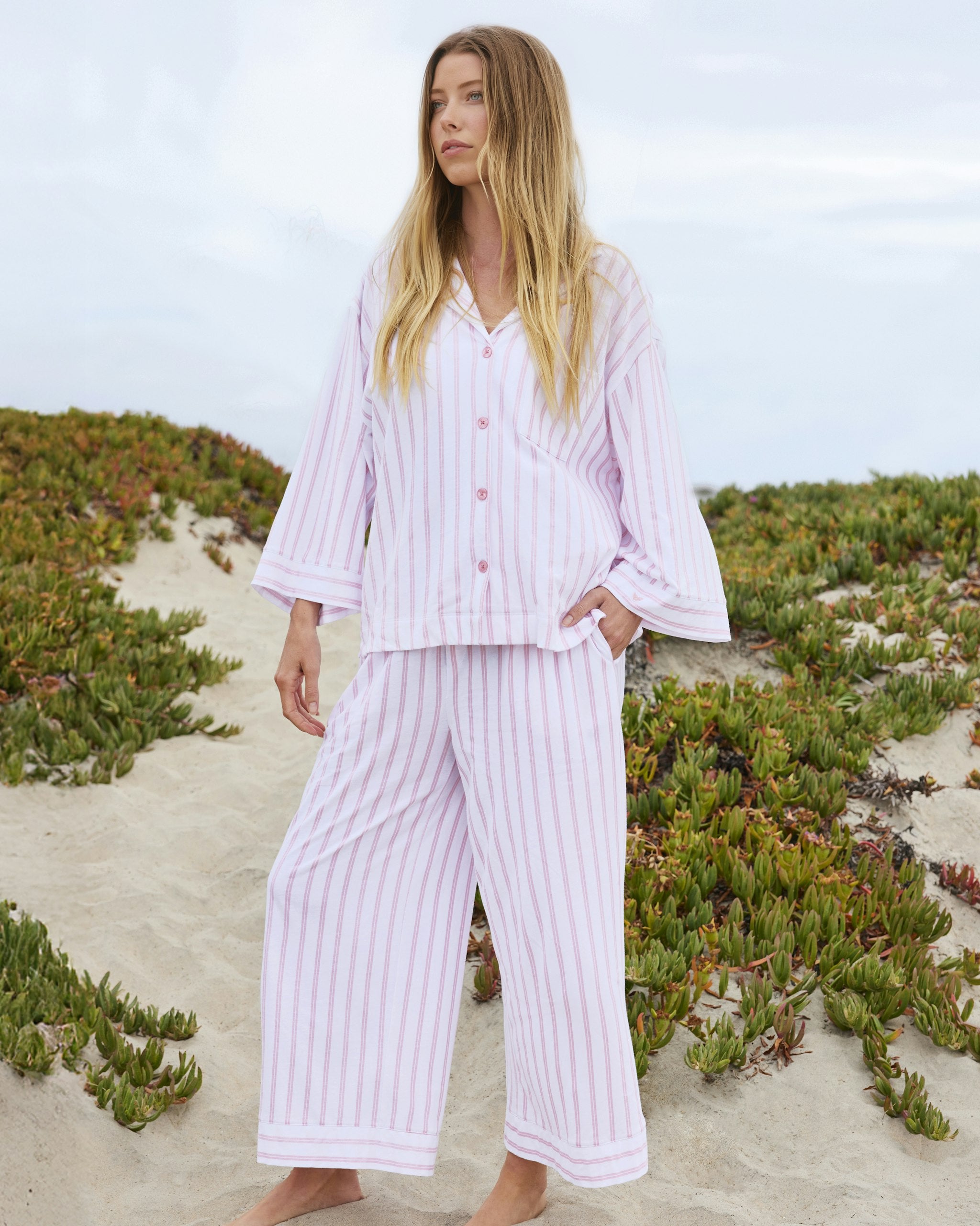 The Olivia Wide Leg Pima Pajama Set in Pink Stripe in Pink Stripe#Color_Pink Stripe