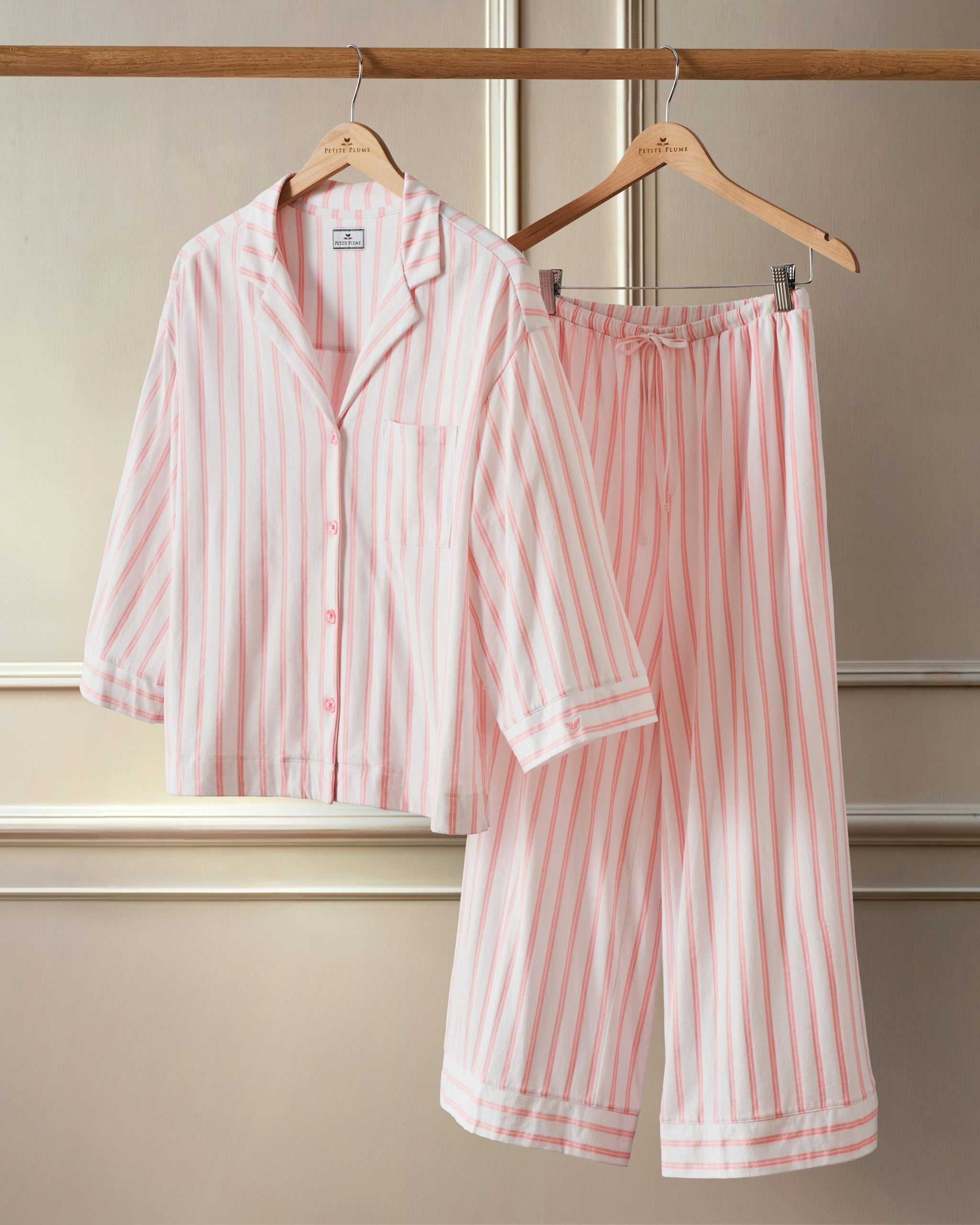 The Olivia Wide Leg Pima Pajama Set in Pink Stripe in Pink Stripe#Color_Pink Stripe