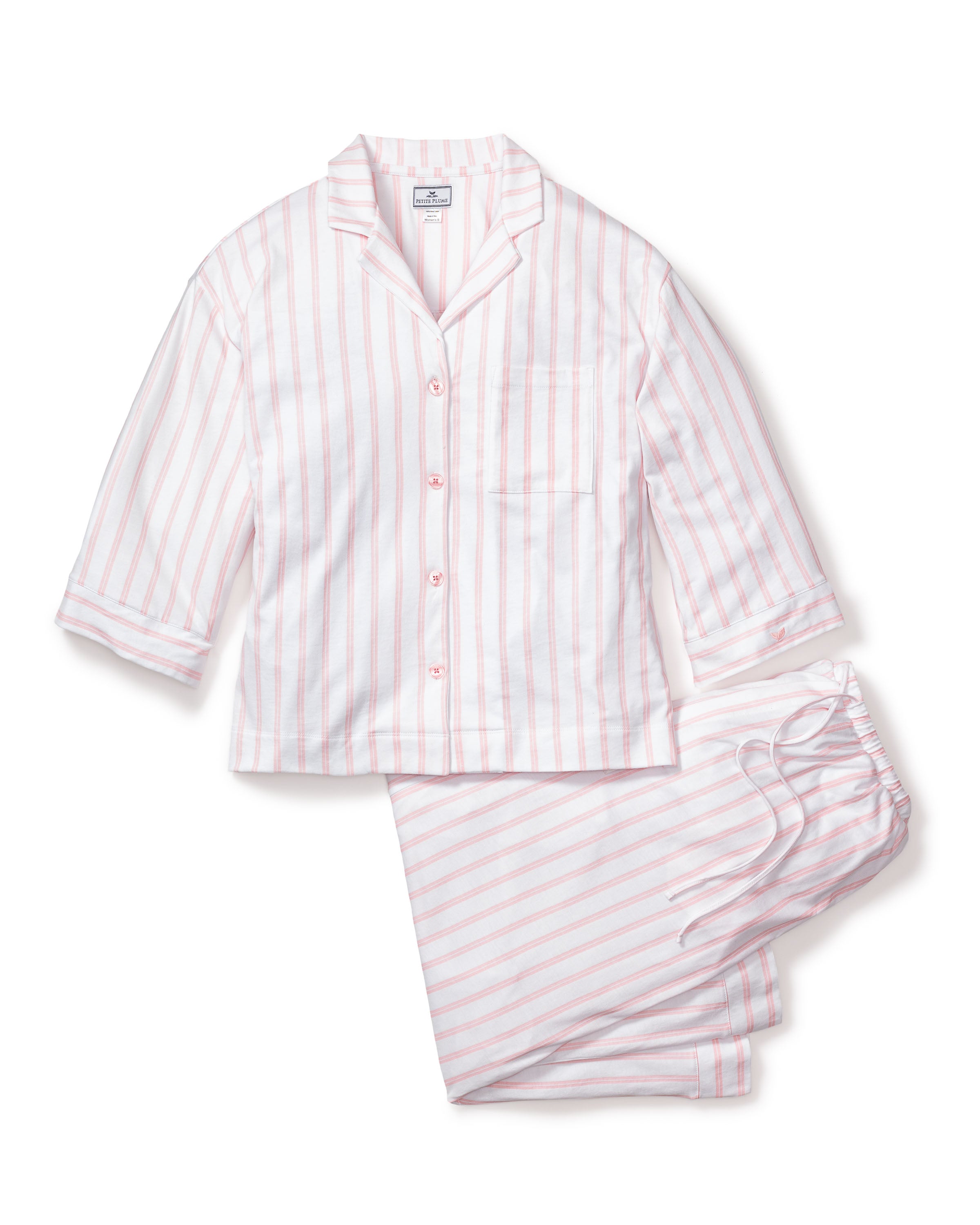 The Olivia Wide Leg Pima Pajama Set in Midnight Foulard in Pink Stripe#Color_Pink Stripe