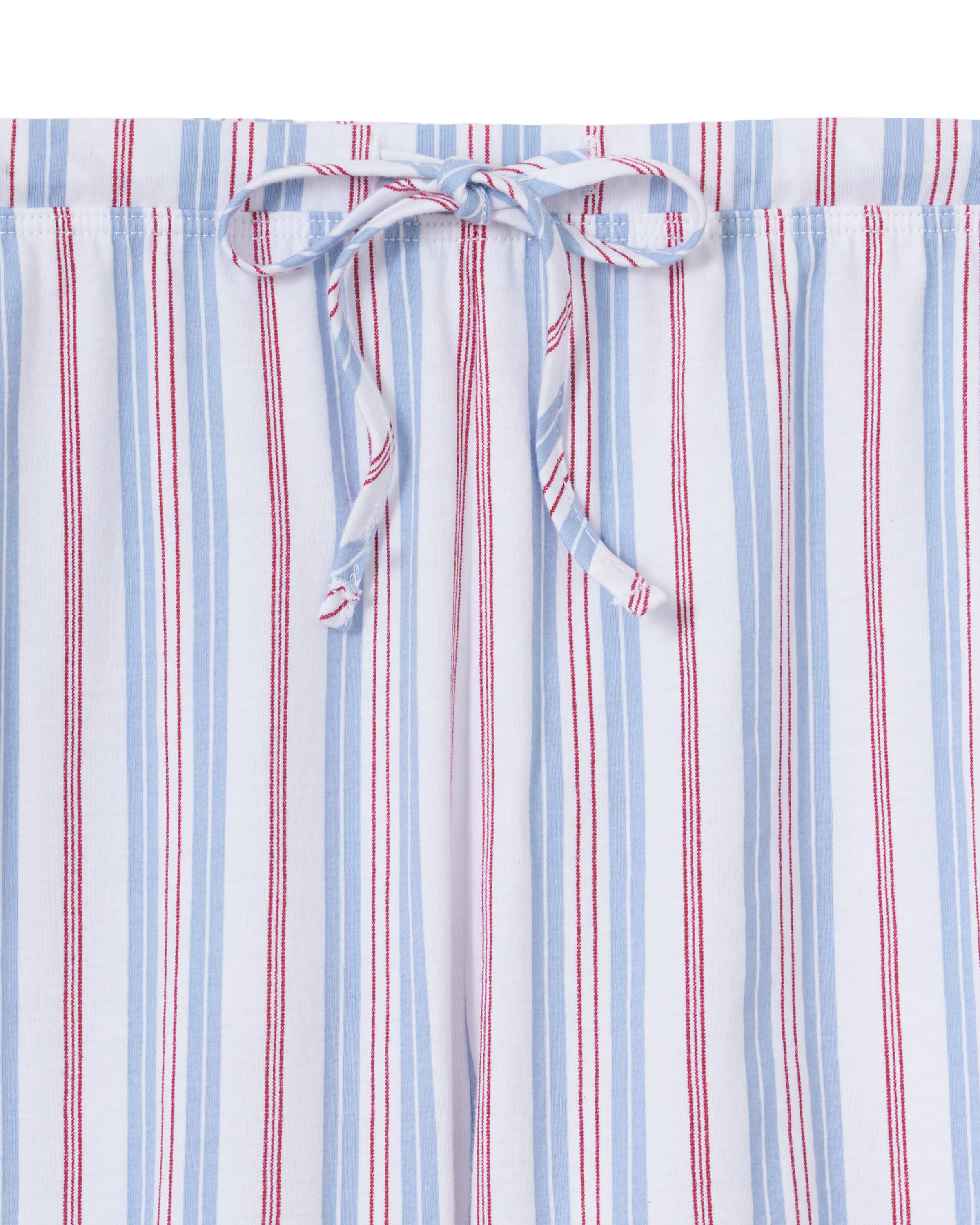 Close-up of The Olivia Wide Leg Lightweight Pima Pajama Set in Vintage French Stripes, showcasing light blue pajama pants with vertical red and blue stripes and a drawstring tie at the waist.