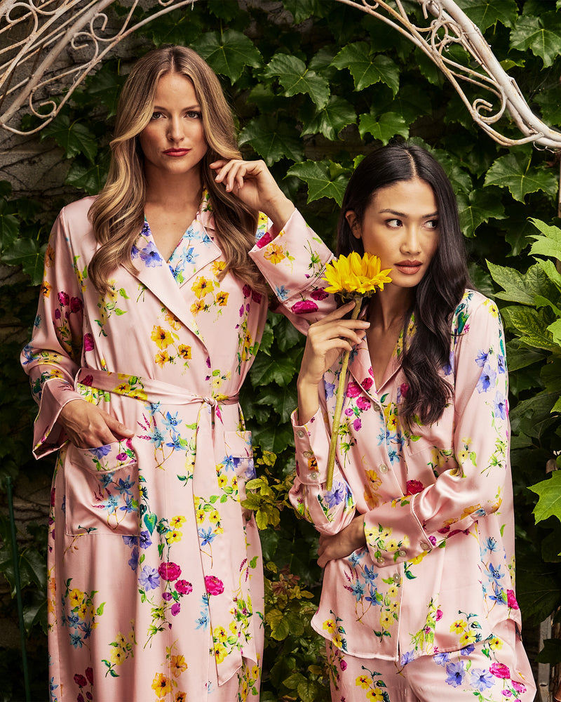 Women's Silk Robe in Blush Brilliant Botanical