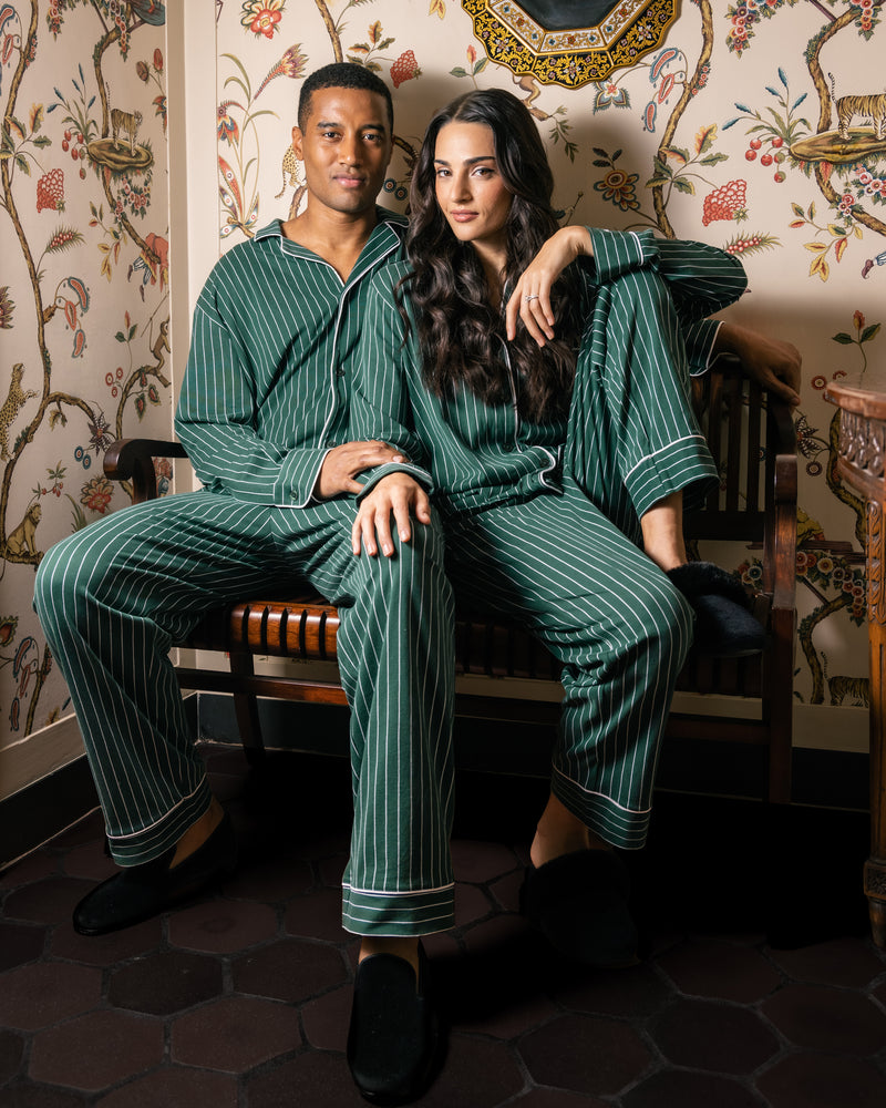 Men's Pima Pajama Set in Green Stripe