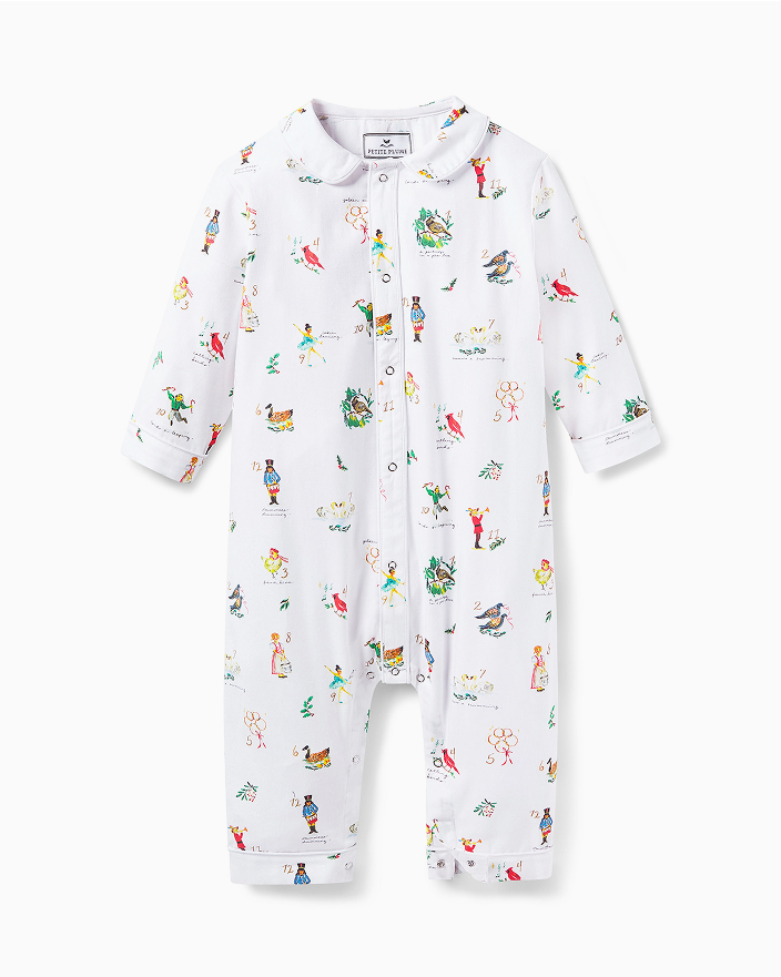 White baby romper with long sleeves, covered in colorful, playful animal and character illustrations; features snap buttons down the front and legs.