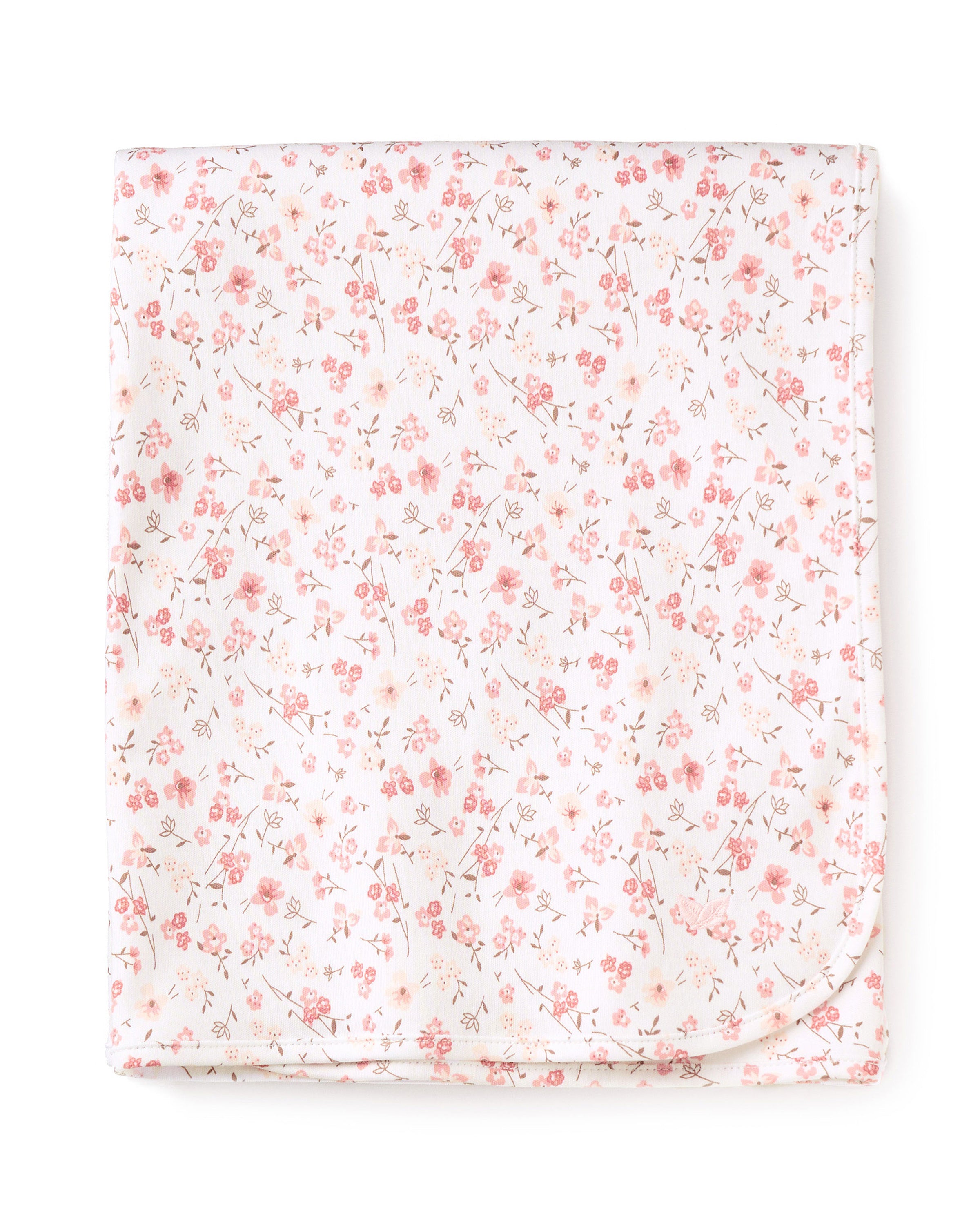The Pima Baby Blanket in Dorset Floral by Petite Plume is crafted from folded Peruvian Pima Cotton with a delicate pink floral pattern, showcasing small flowers and thin green stems. It makes for a luxurious baby blanket.