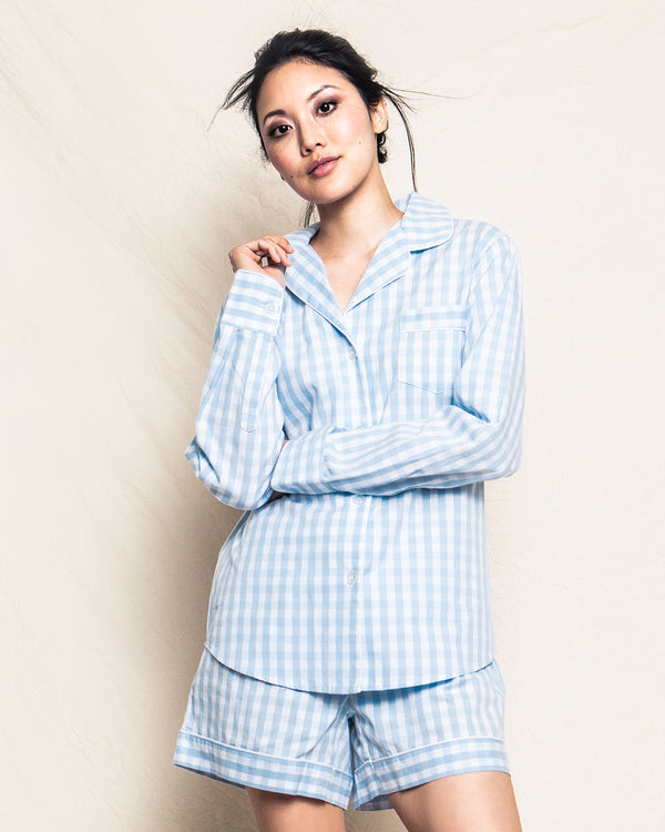 Women's Twill Pajama Long Sleeve Short Set in Light Blue Gingham