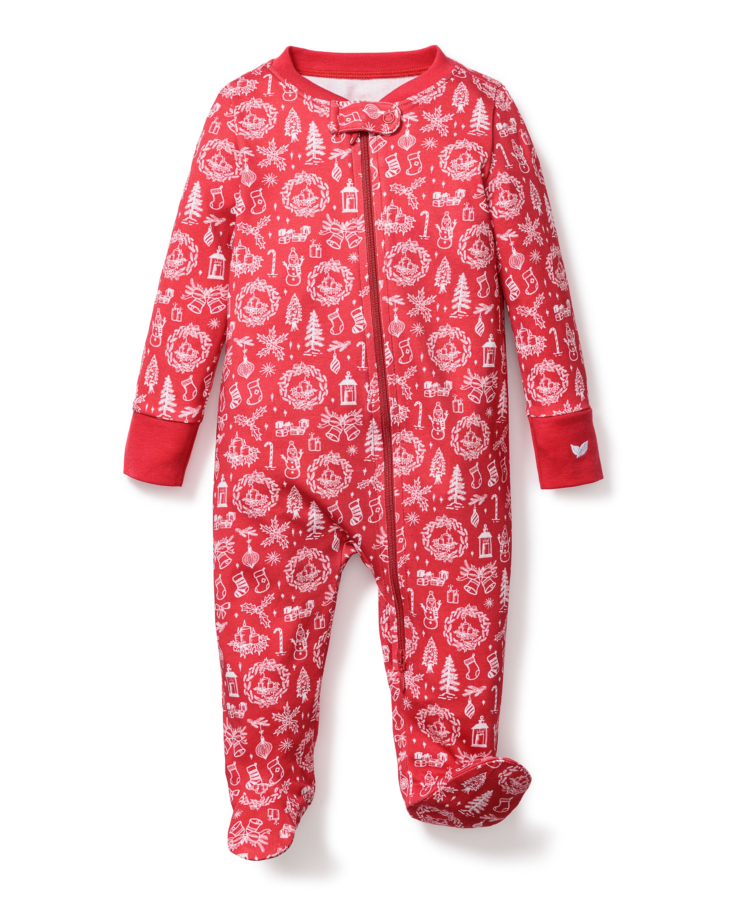 The Babys Pima Romper in Whimsical Winter by Petite Plume is a snug fit red onesie made from soft Pima cotton, featuring festive patterns of Christmas elements. It includes red cuffs, a front zipper for easy dressing, and cozy covered feet.