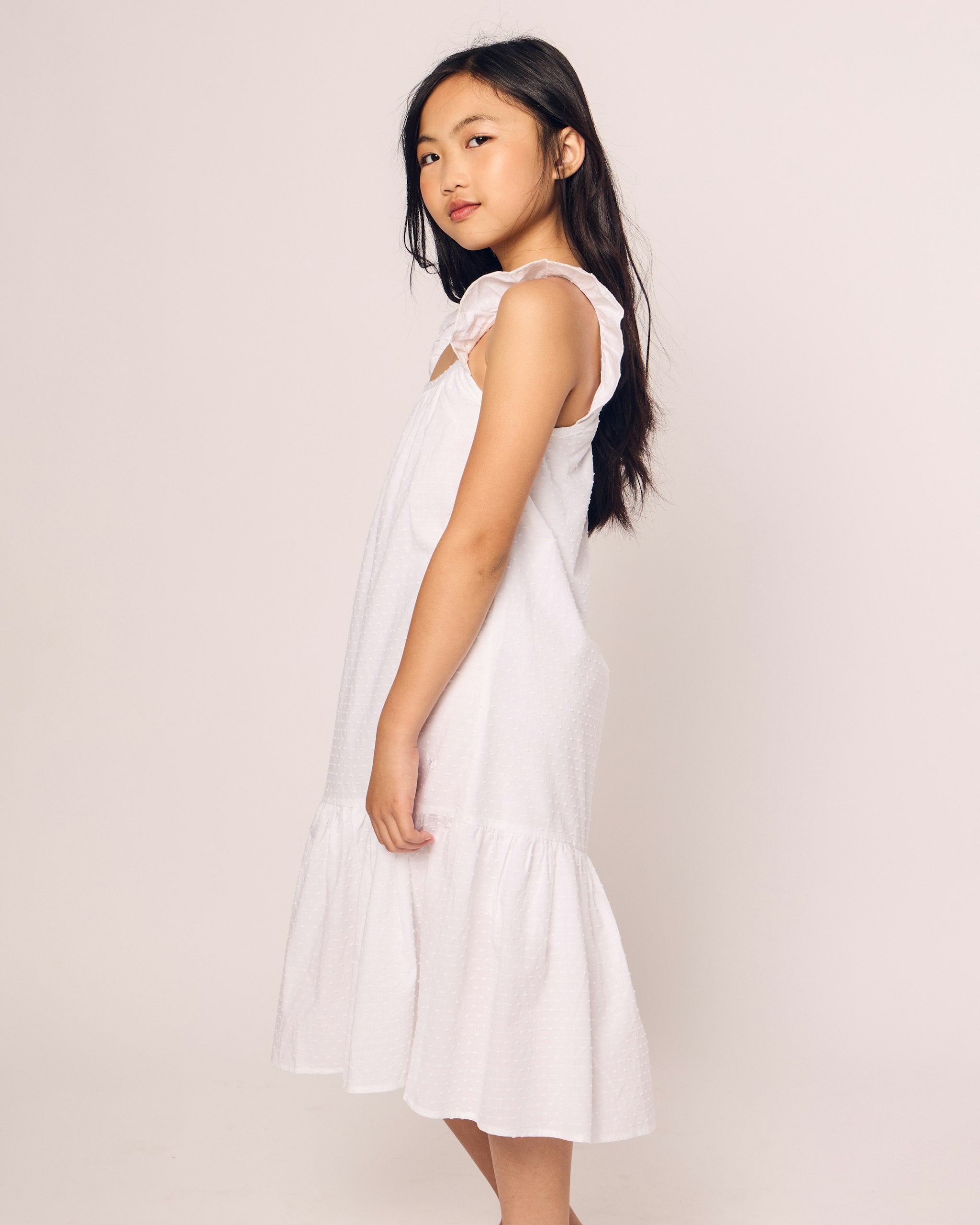 Girls White Swiss Dots Celeste Day Dress in Swiss Dots#Color_Swiss Dots