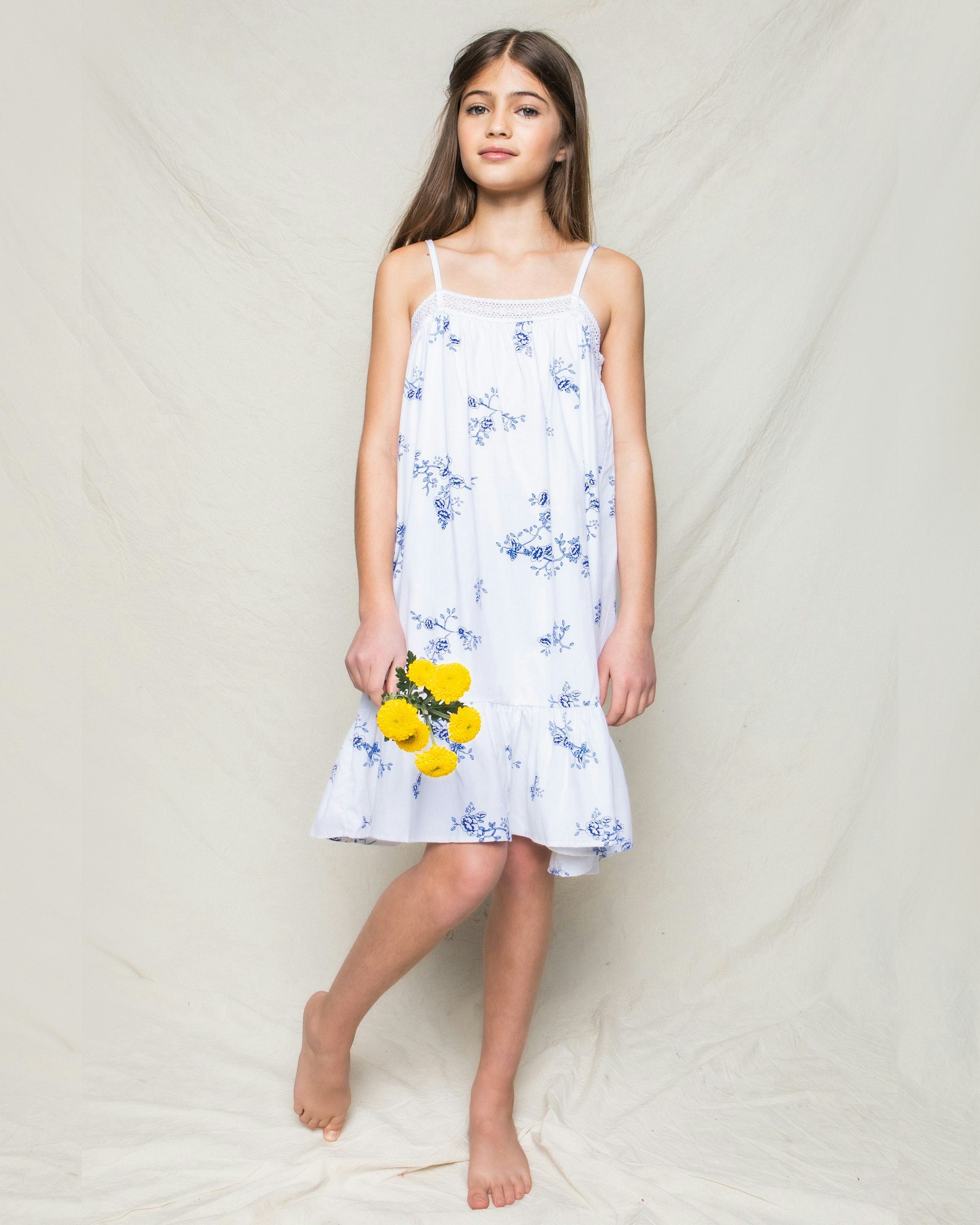 Girl's Twill Lily Nightgown in Indigo Floral in Indigo Floral#Color_Indigo Floral