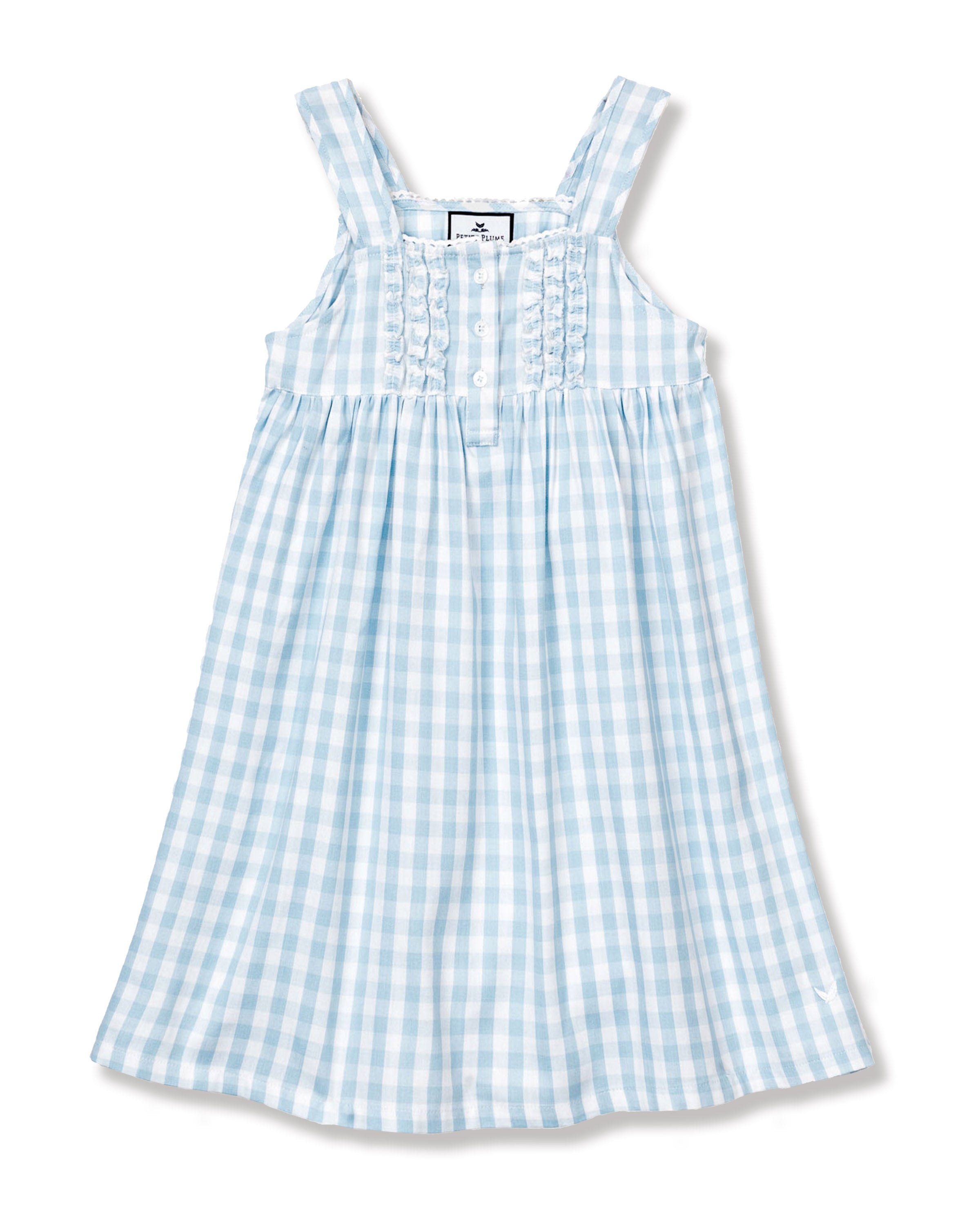 The Girls Twill Charlotte Nightgown by Petite Plume, in a light blue gingham pattern, features ruffled chest detailing and wide shoulder straps, made from lightweight fabric ideal for warm weather.