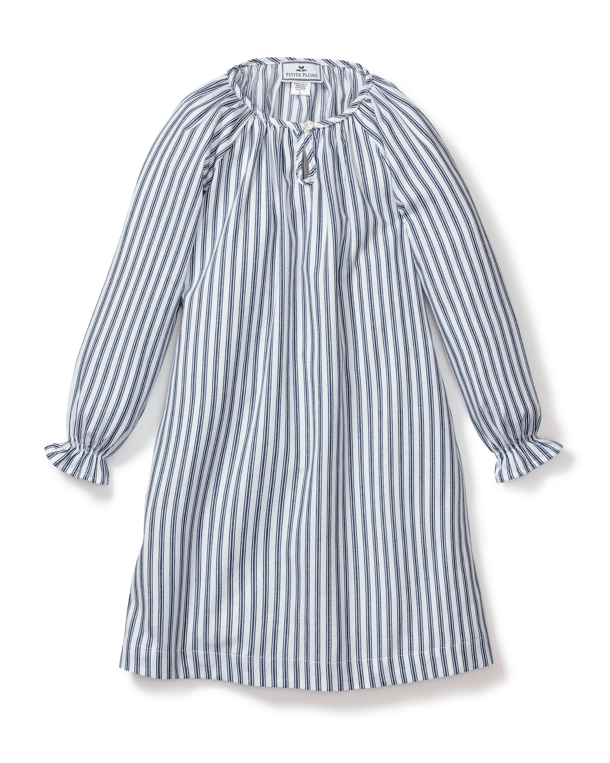Girl's Twill Delphine Nightgown in Navy French Ticking in Navy French Ticking#Color_Navy French Ticking