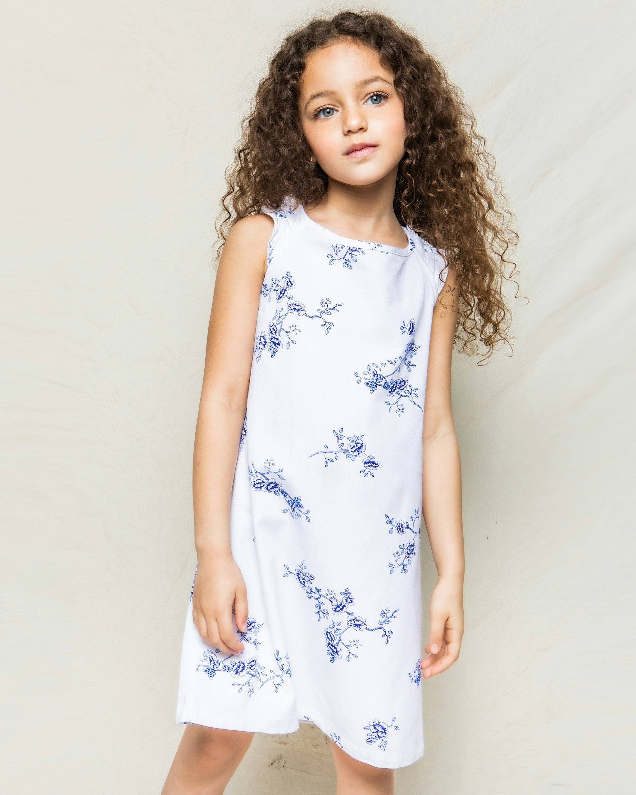 Girl's Twill Amelie Nightgown in Indigo Floral in Indigo Floral#Color_Indigo Floral
