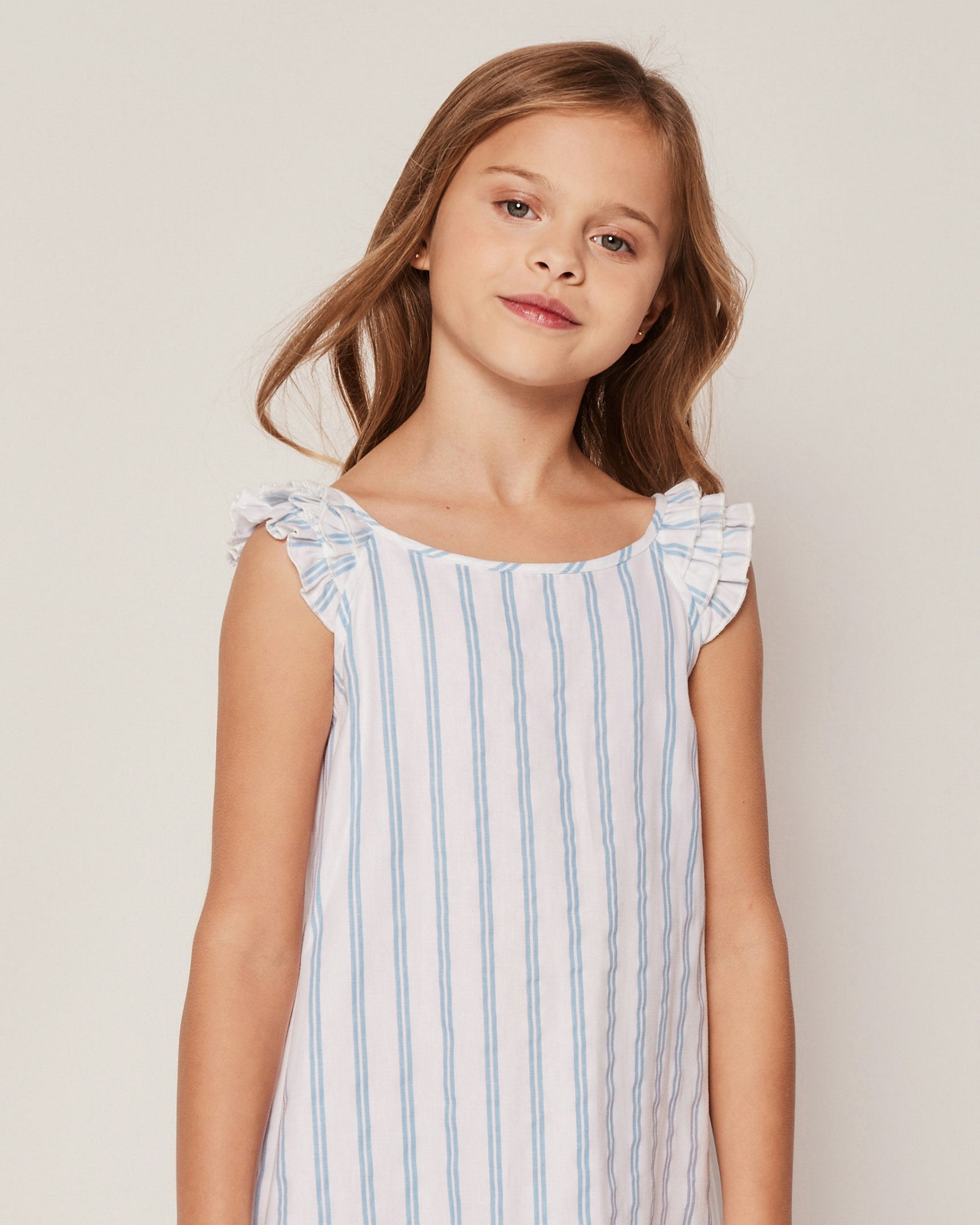 Girl's Twill Amelie Nightgown in Periwinkle and White Stripe