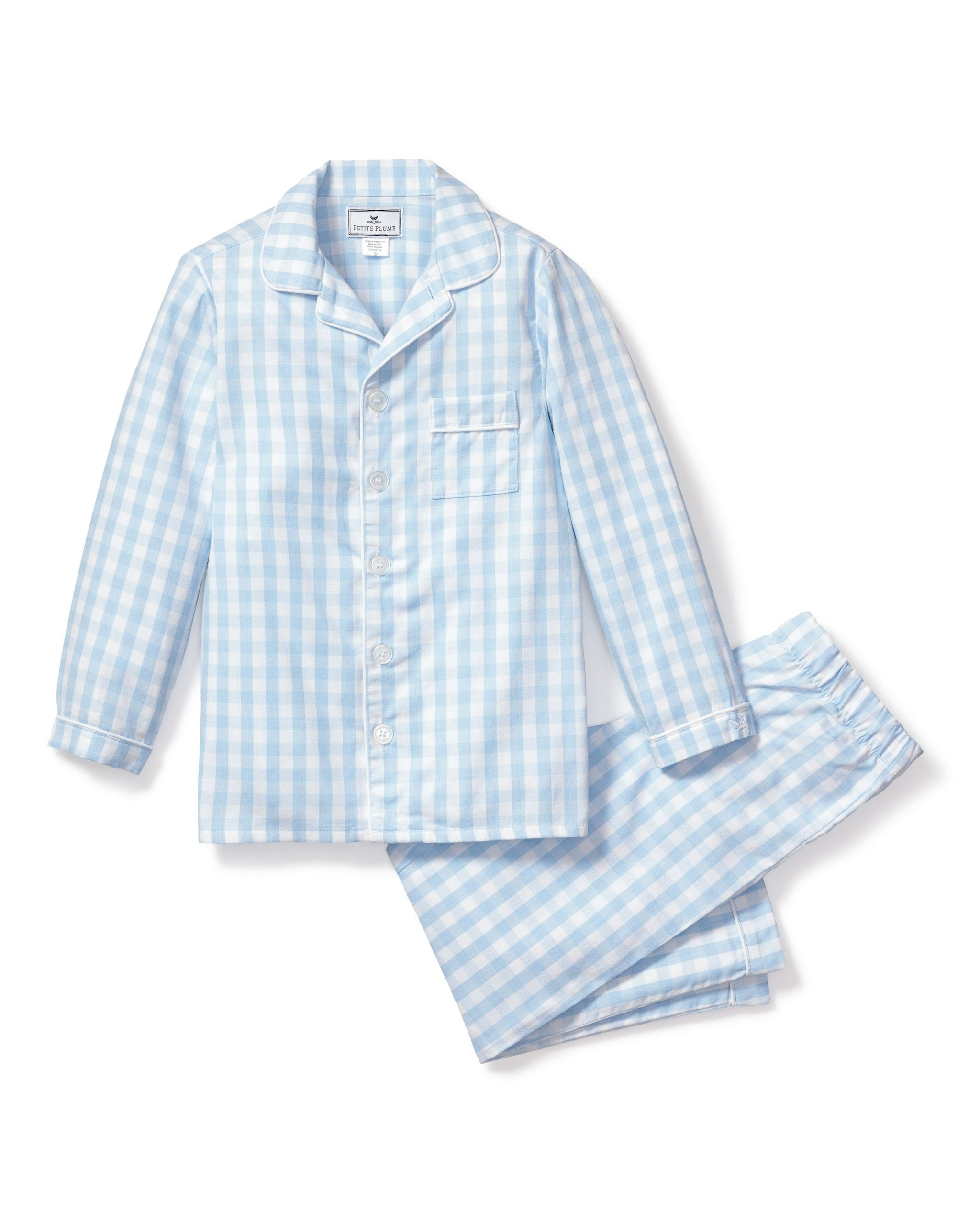 Kid's Twill Pajama Set in Light Blue Gingham in Light Blue Gingham#Color_Light Blue Gingham