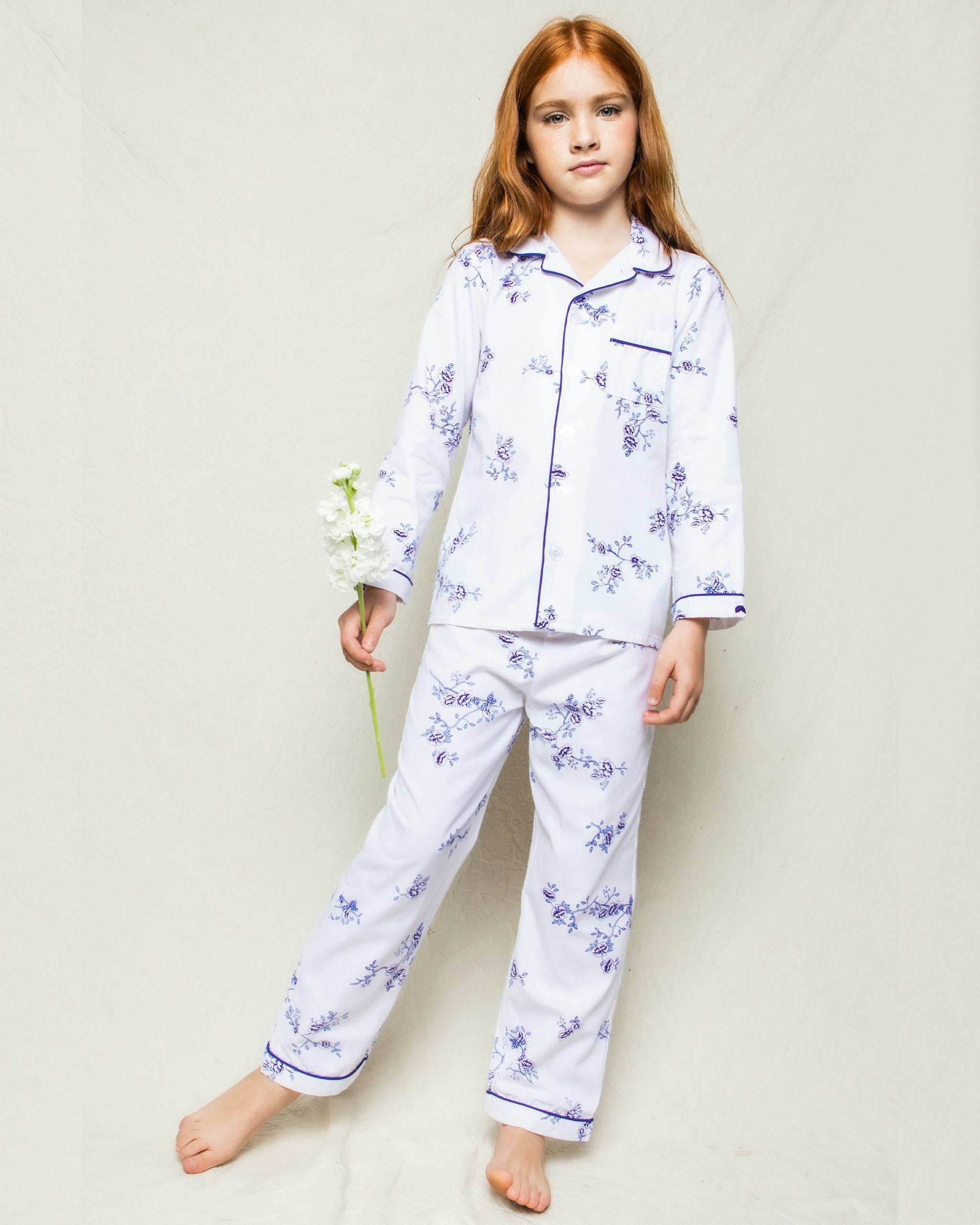 Kid's Twill Pajama Set in English Rose Floral in Indigo Floral#Color_Indigo Floral
