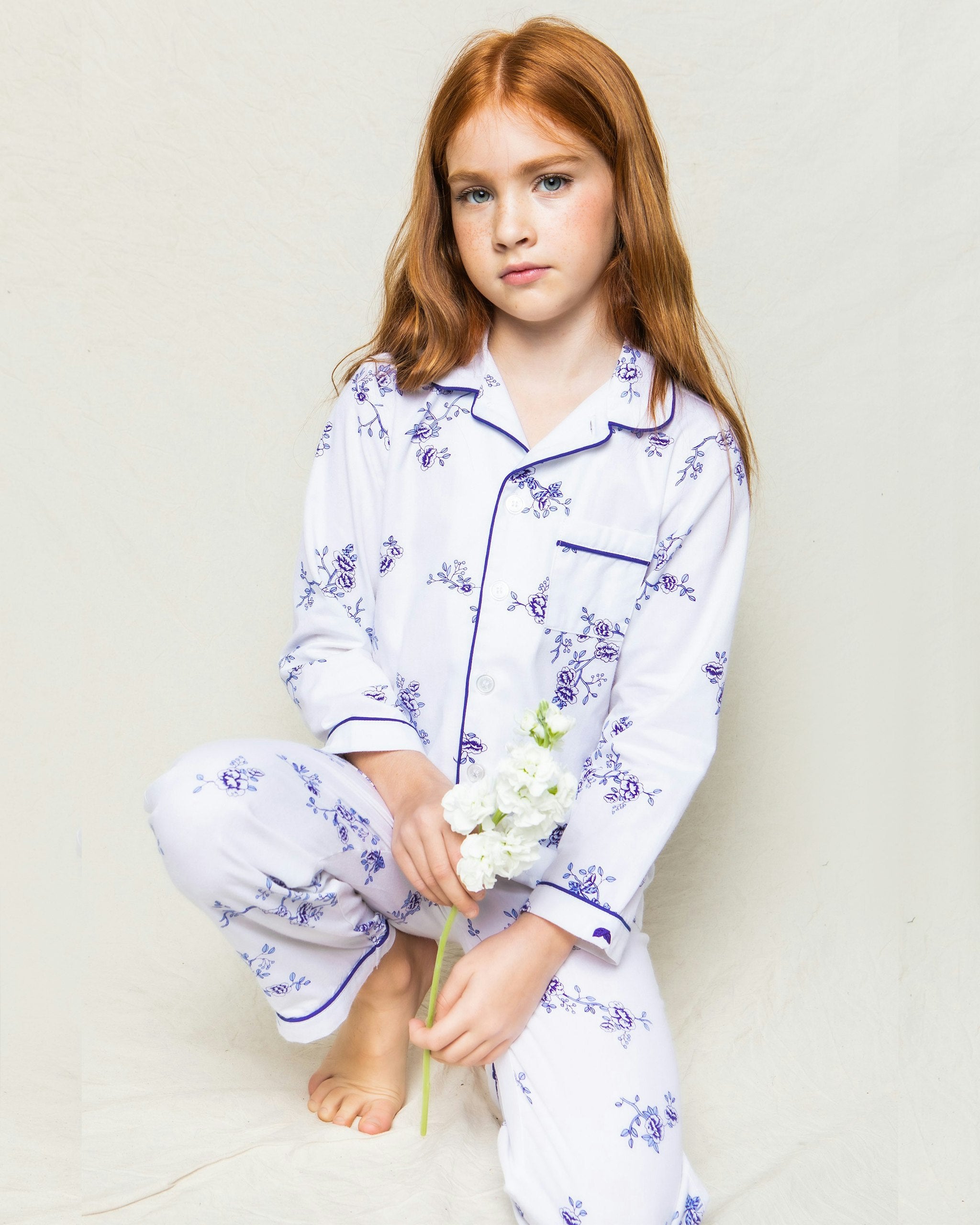Kid's Twill Pajama Set in English Rose Floral in Indigo Floral#Color_Indigo Floral