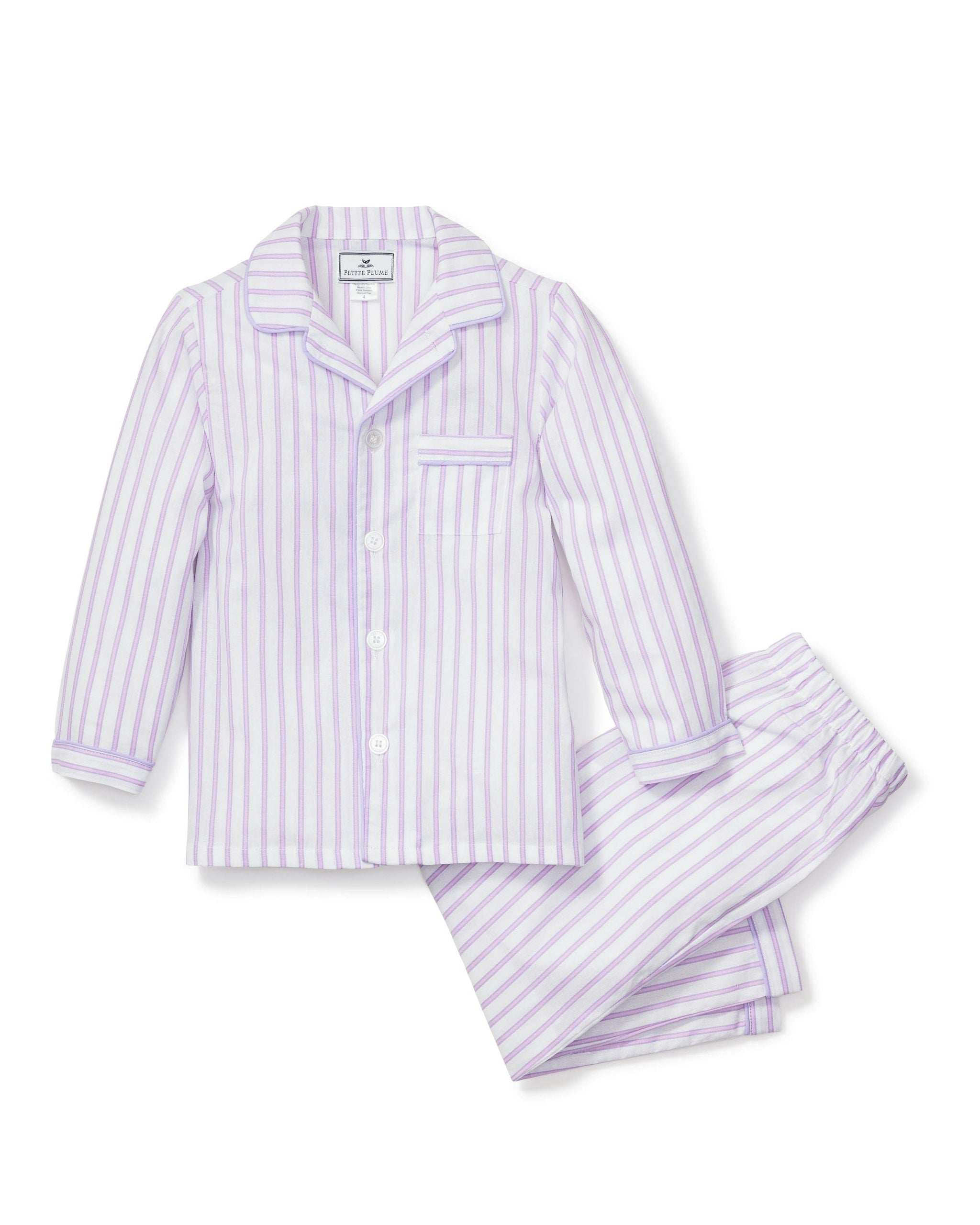 Kid's Twill Pajama Set in Antique Red Ticking in Lavender French Ticking#Color_Lavender French Ticking