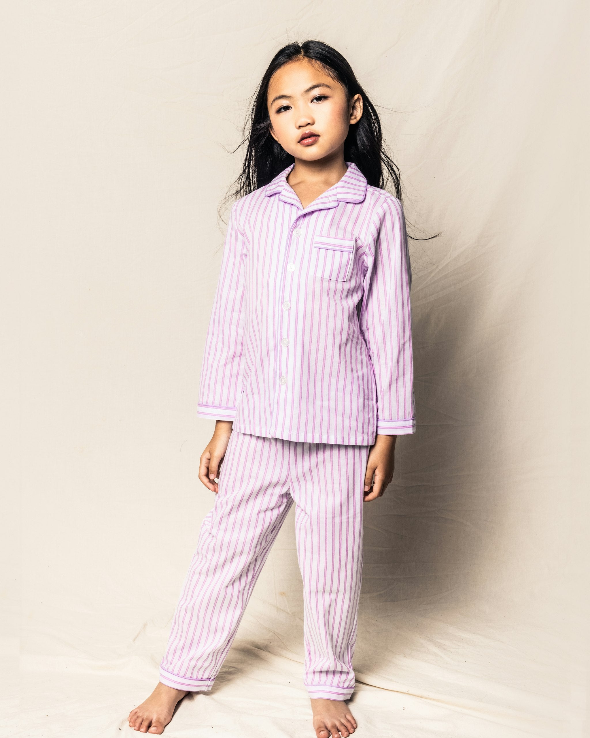 Kid's Twill Pajama Set in Antique Red Ticking in Lavender French Ticking#Color_Lavender French Ticking