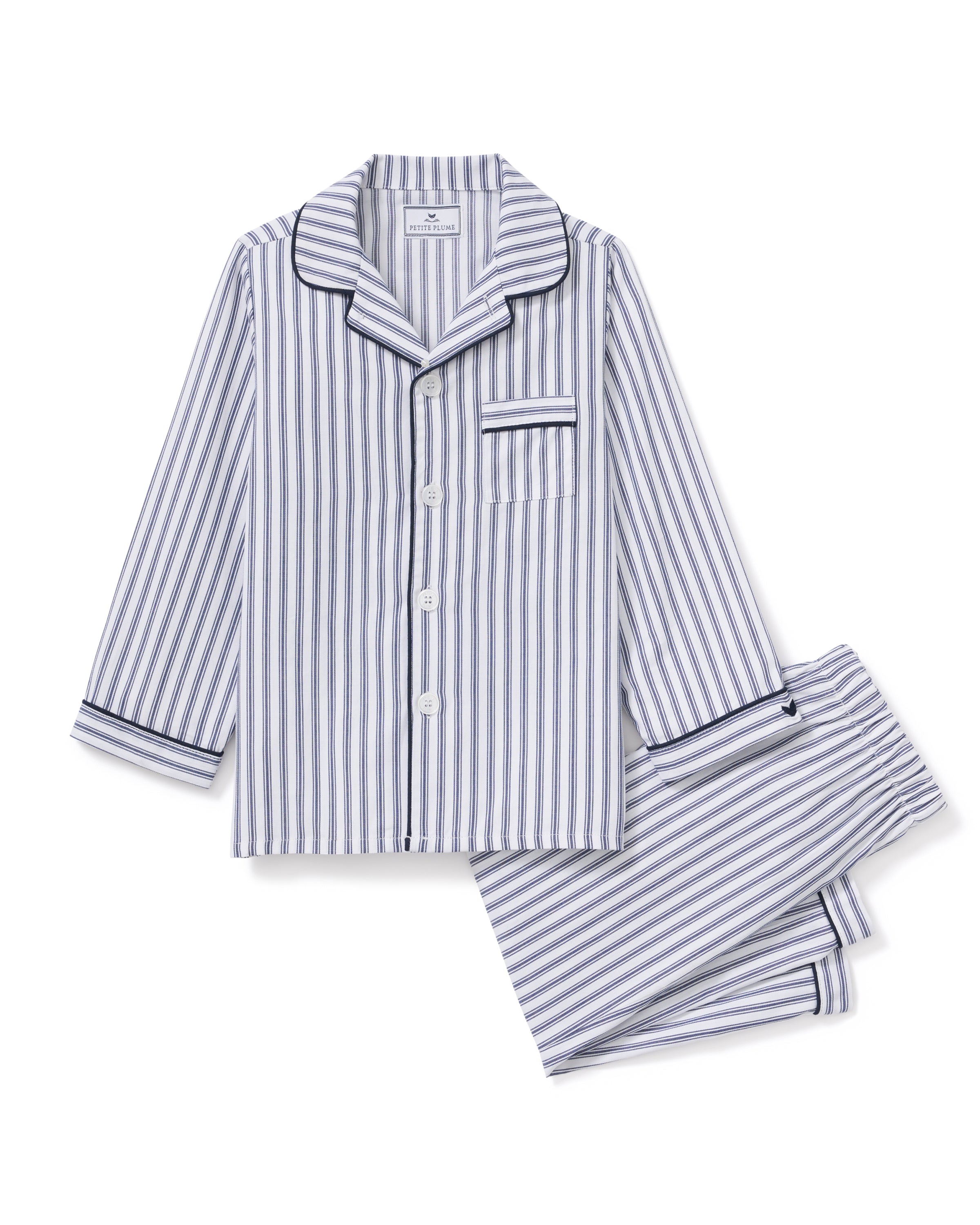 Kid's Twill Pajama Set in Navy French Ticking