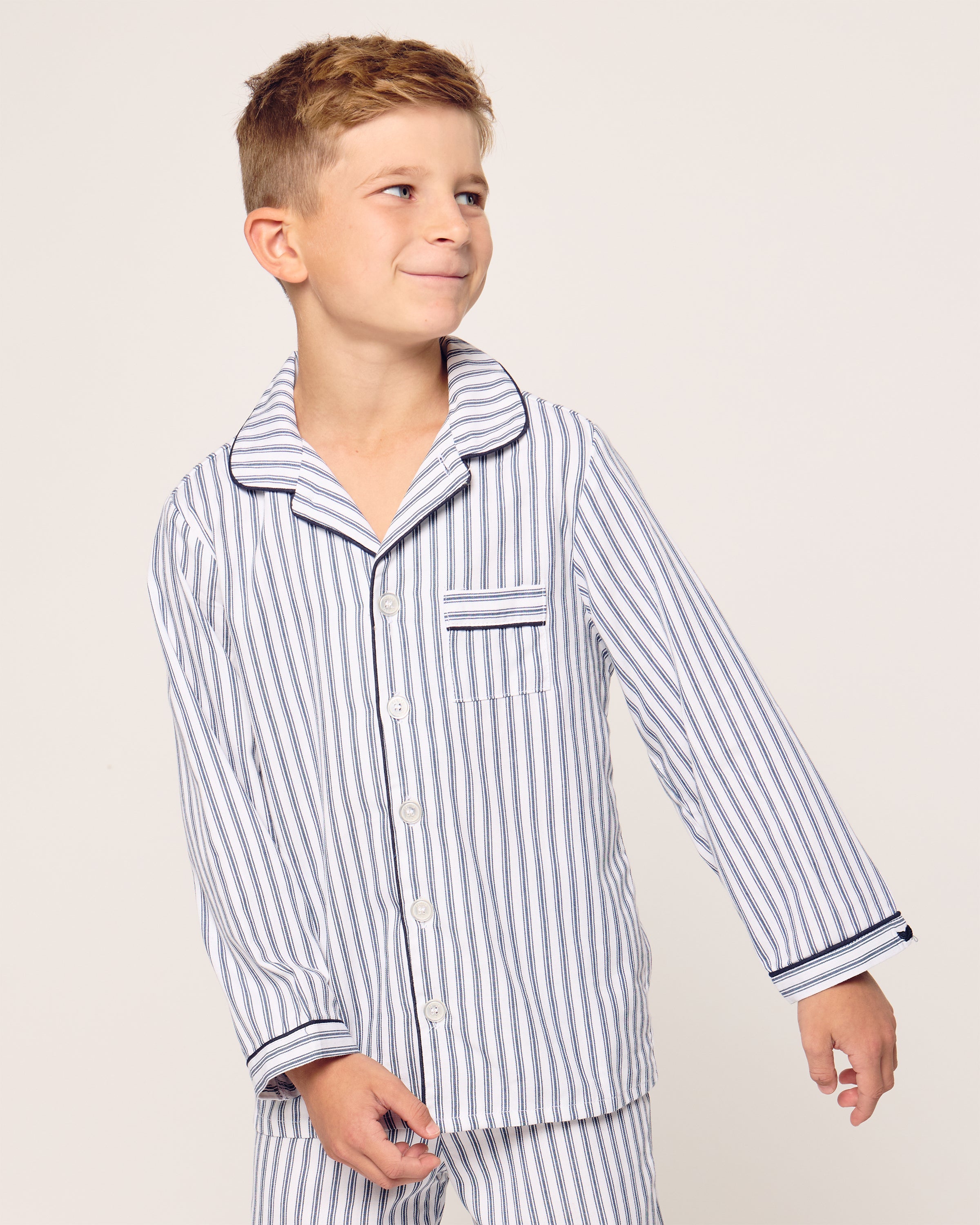 Kid's Twill Pajama Set in Navy French Ticking in Navy French Ticking#Color_Navy French Ticking