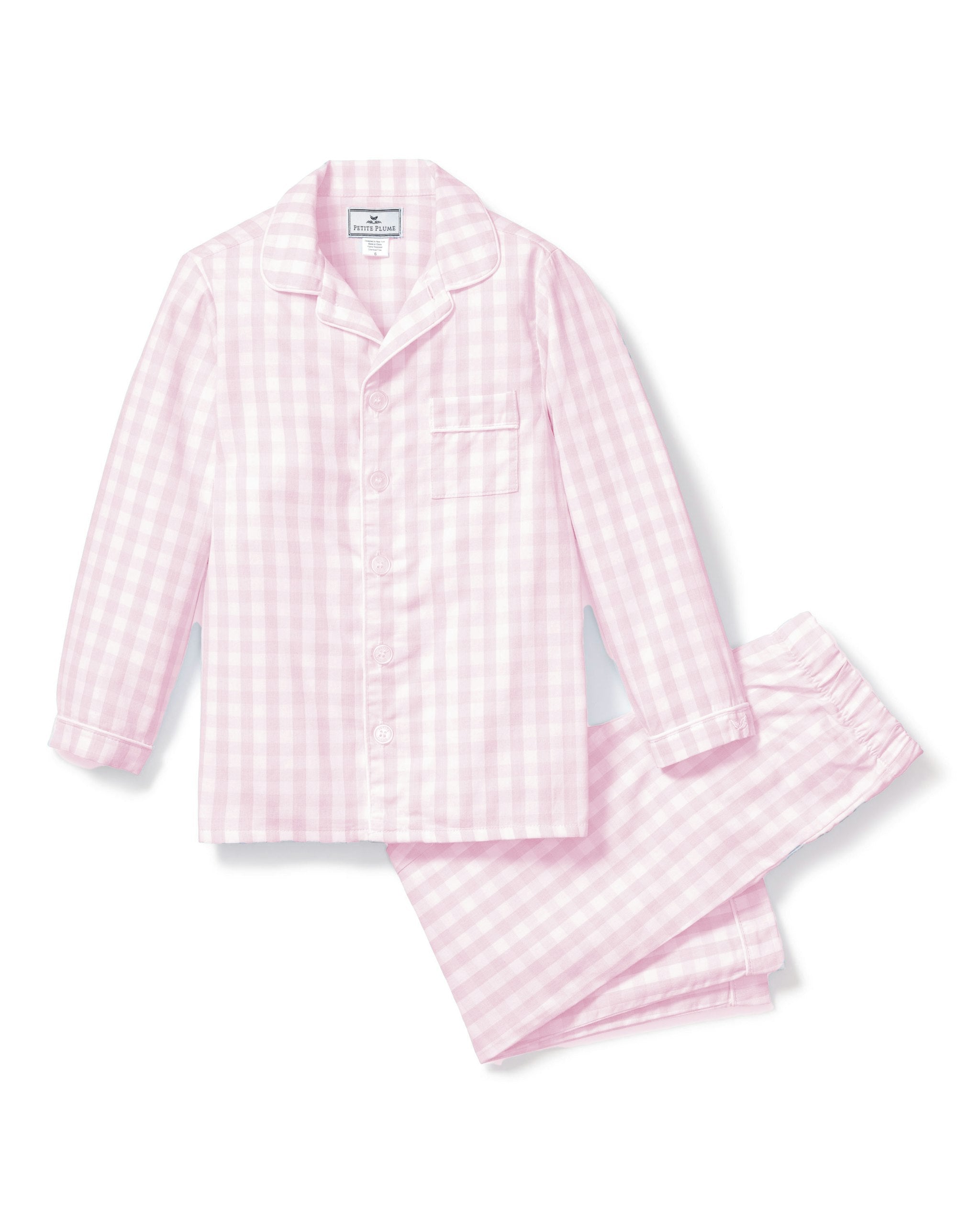 Kid's Twill Pajama Set in Light Blue Gingham in Pink Gingham#Color_Pink Gingham