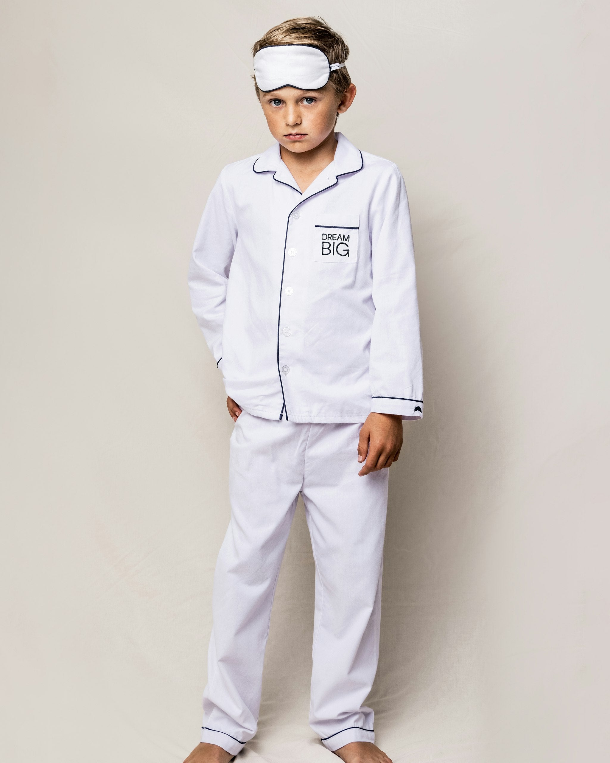 Kid's Twill Pajama Set in White in White with Navy Piping#Color_White with Navy Piping