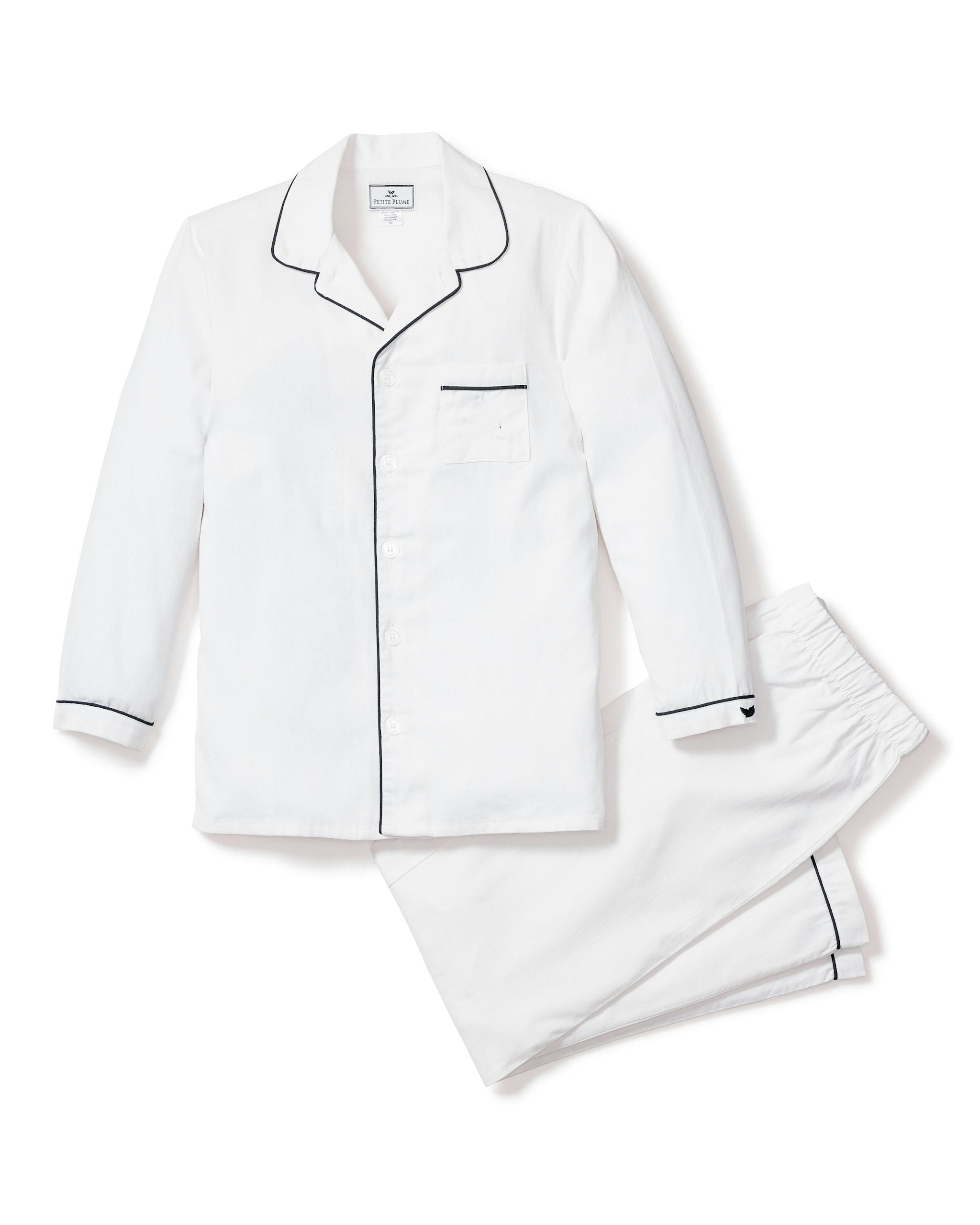 Kid's Twill Pajama Set in White in White with Navy Piping#Color_White with Navy Piping