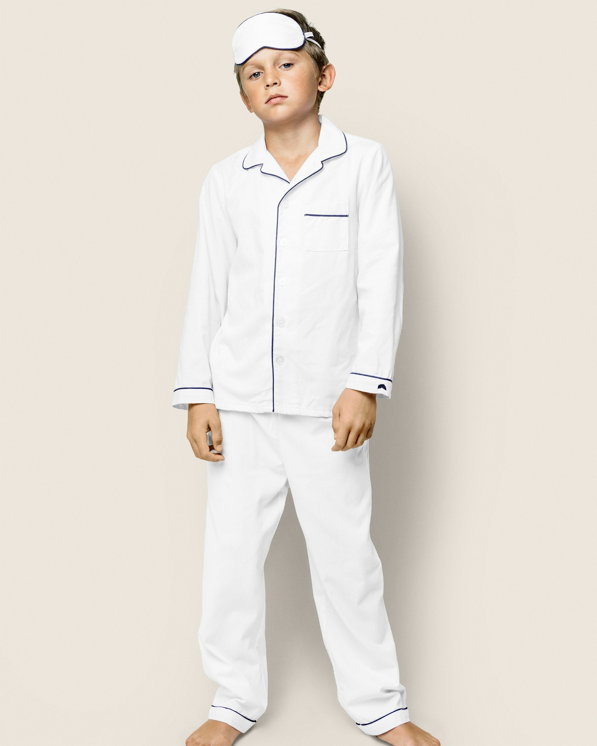 Kid's Twill Pajama Set in White in White with Navy Piping#Color_White with Navy Piping