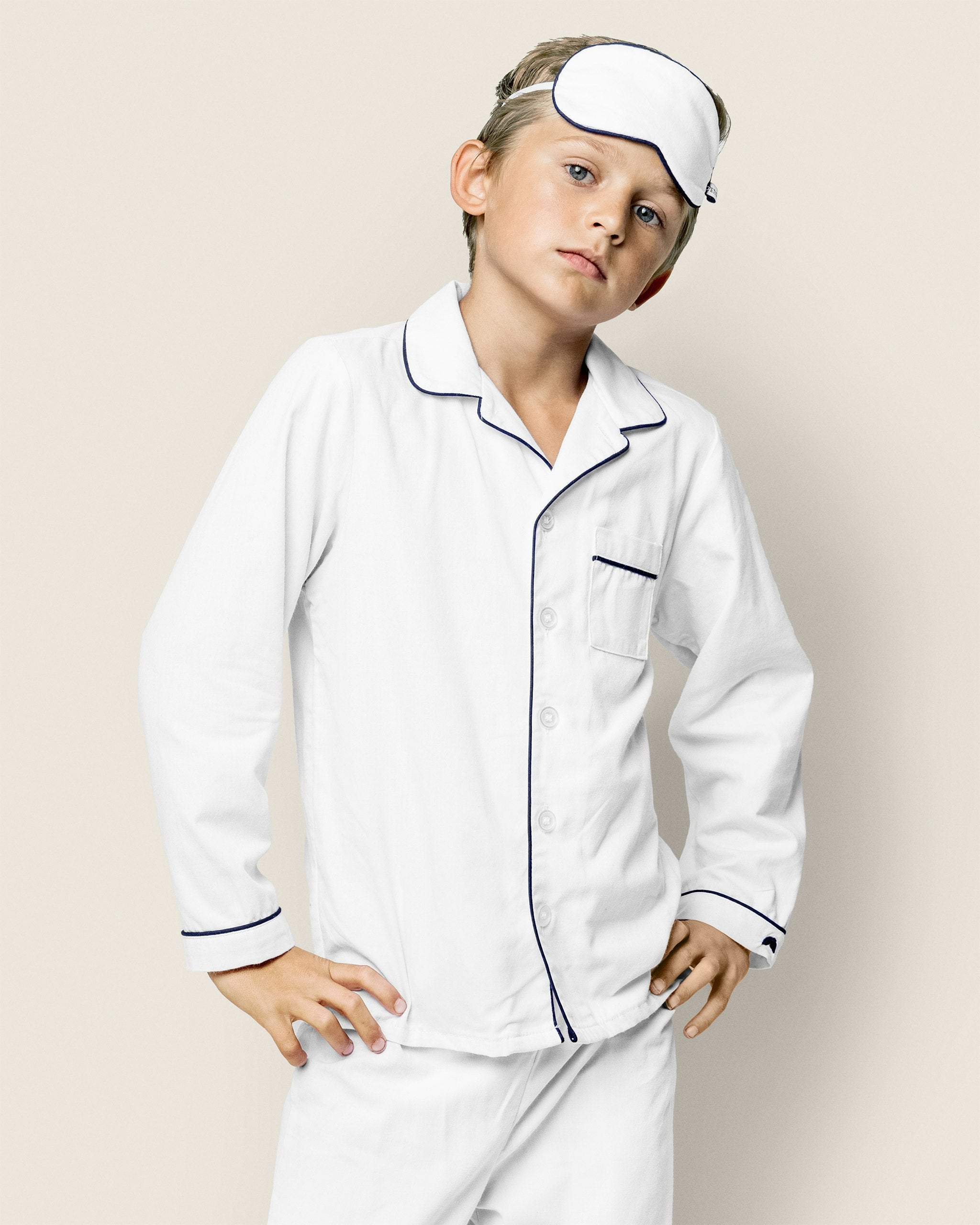 Kid's Twill Pajama Set in White in White with Navy Piping#Color_White with Navy Piping