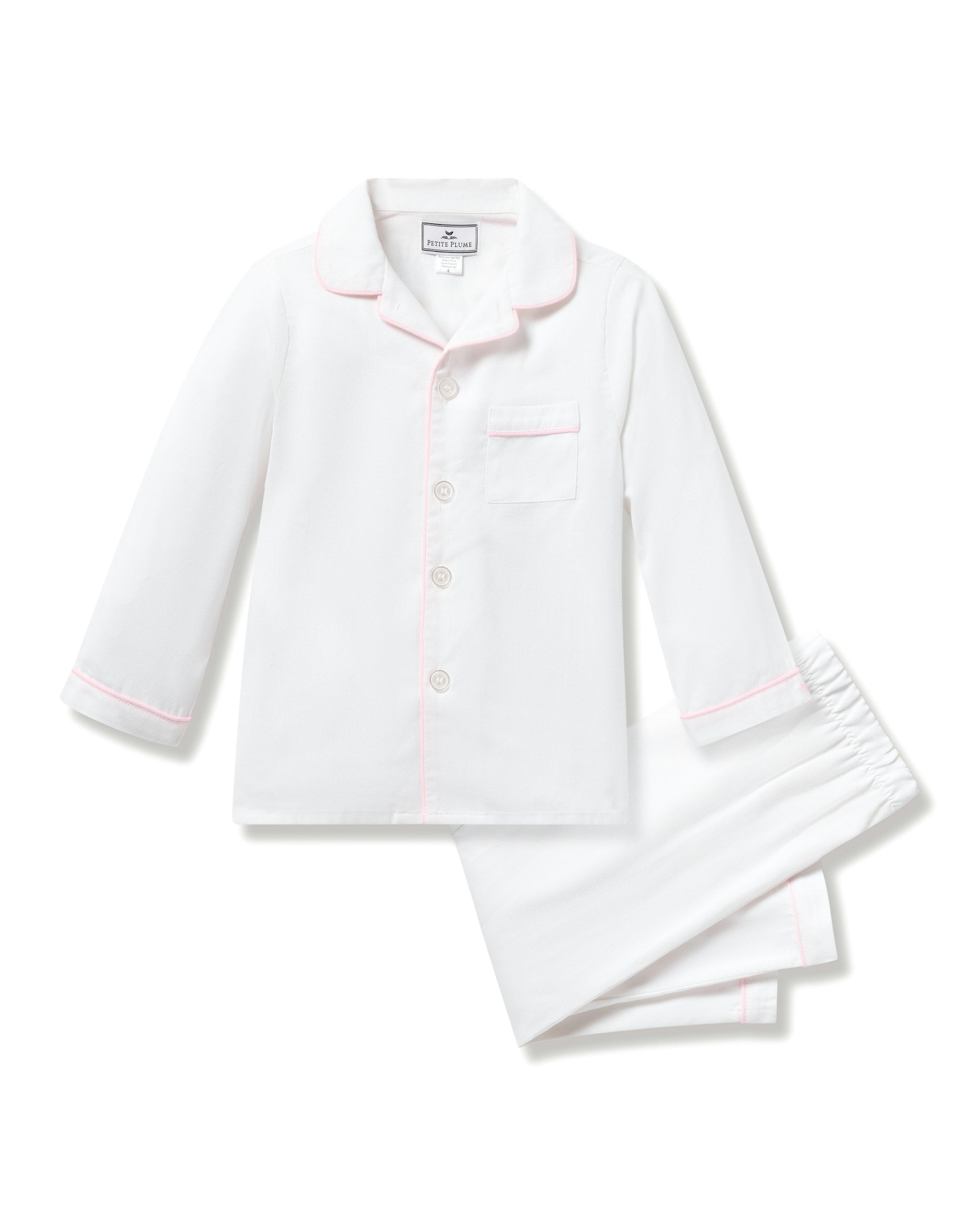 Kid's Twill Pajama Set in White in White with Pink Piping#Color_White with Pink Piping