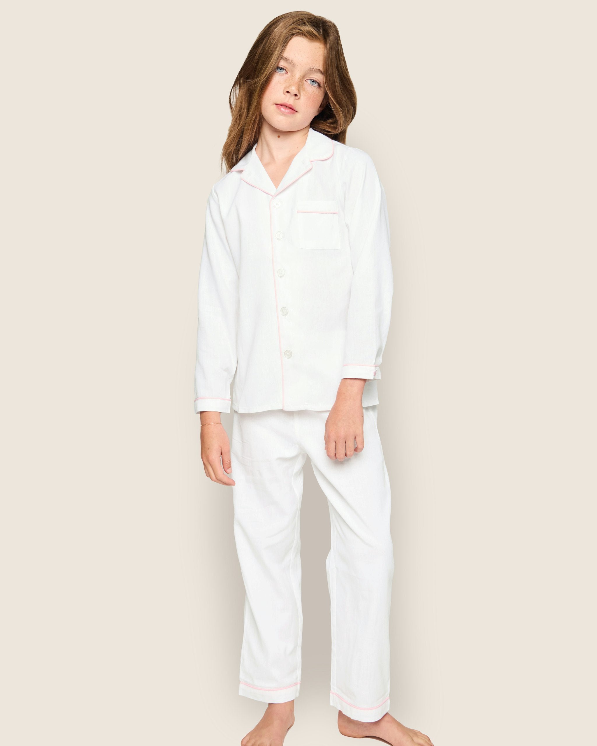 Kid's Twill Pajama Set in White in White with Pink Piping#Color_White with Pink Piping