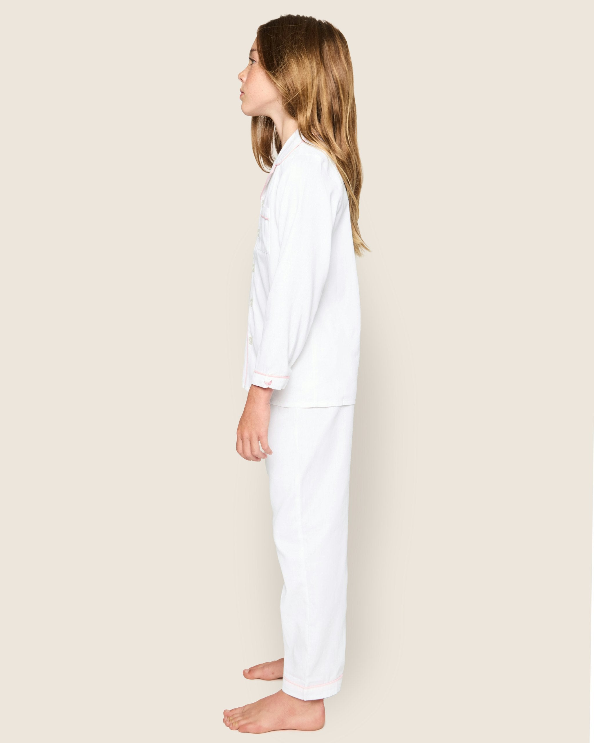 Kid's Twill Pajama Set in White in White with Pink Piping#Color_White with Pink Piping