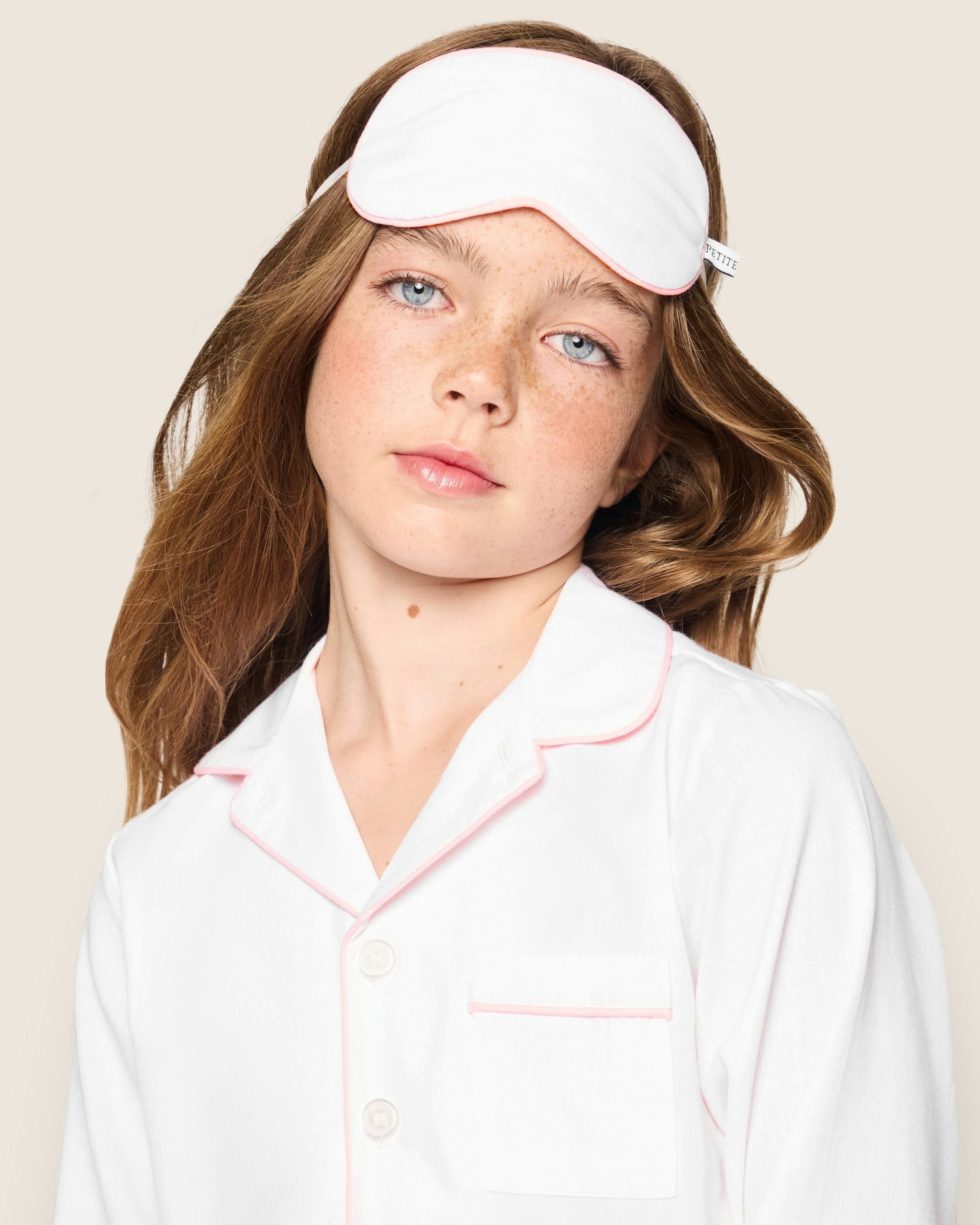 Kid's Twill Pajama Set in White in White with Pink Piping#Color_White with Pink Piping