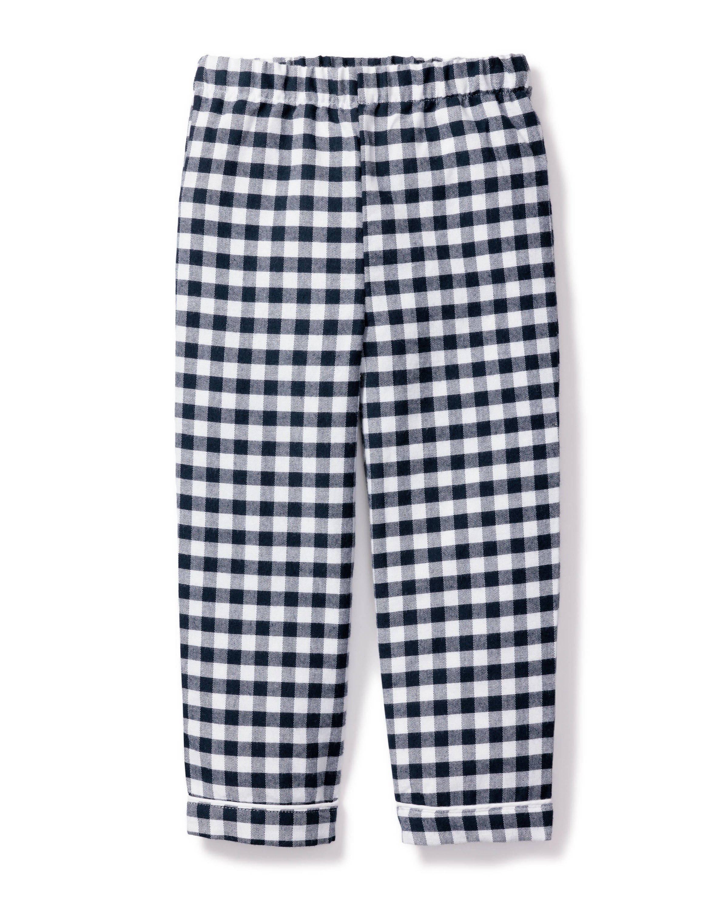 Petite Plumes Kids Twill Pajama Pants in Navy Gingham feature a black and white checkered print, elastic waistband, classic design, relaxed fit, and straight legs—ideal for luxurious sleepwear.