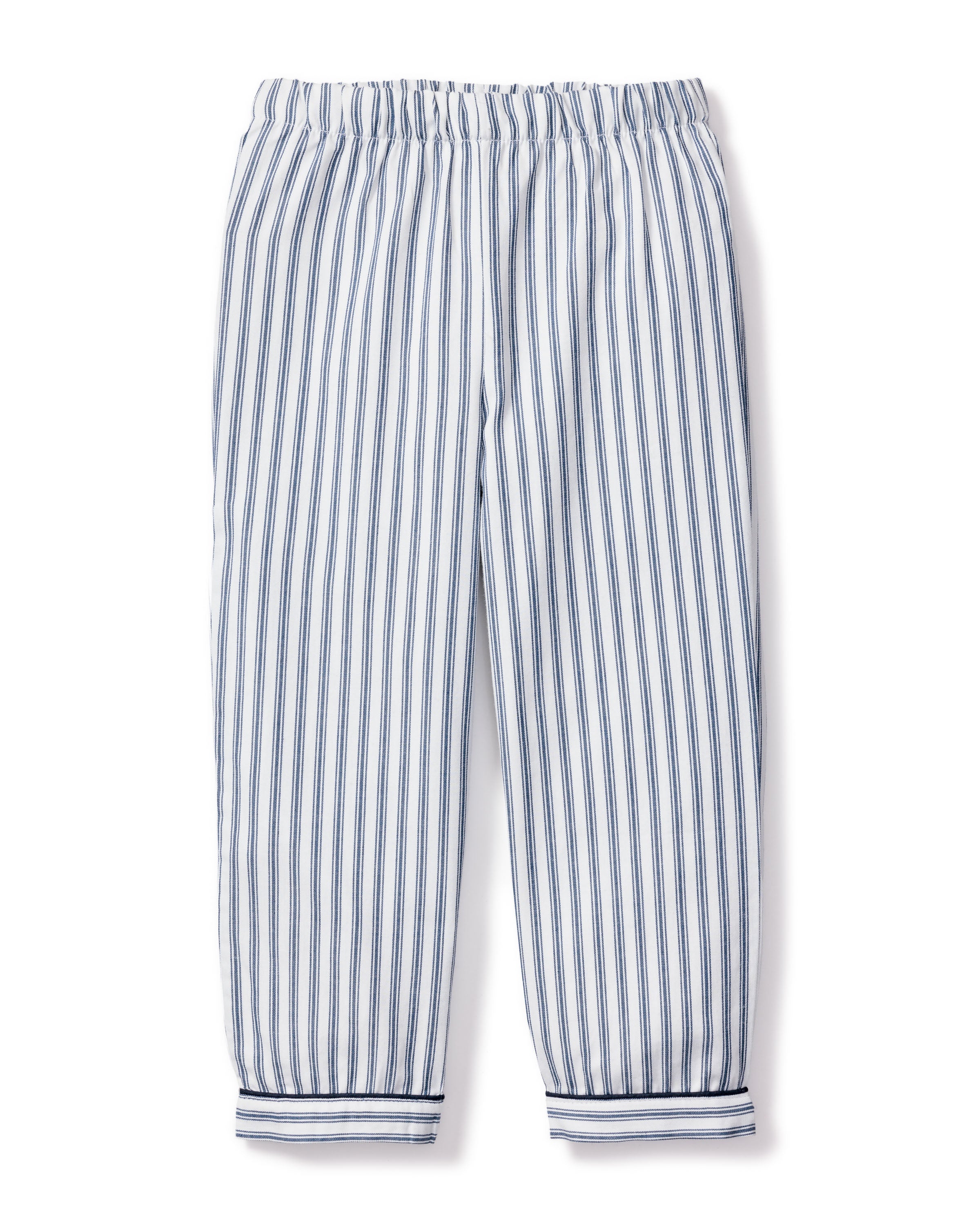 Petite Plumes Kids Twill Pajama Pants feature navy and white vertical stripes on yarn-dyed cotton with an elastic waistband and cuffs, creating a classic French ticking pattern that looks lightweight and cozy for casual wear.