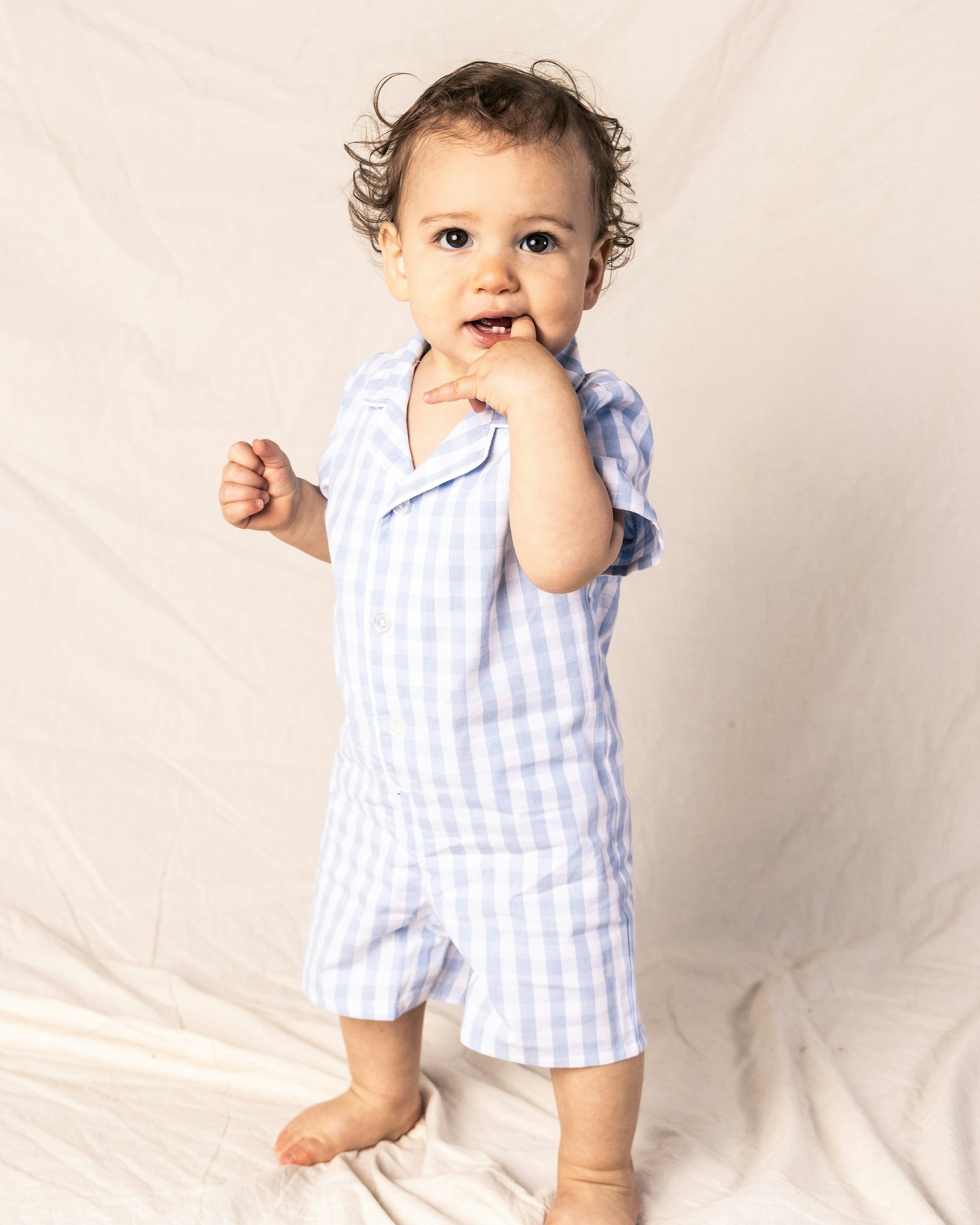 Baby's Twill Summer Romper in Royal Blue Gingham in Light Blue Gingham#Color_Light Blue Gingham