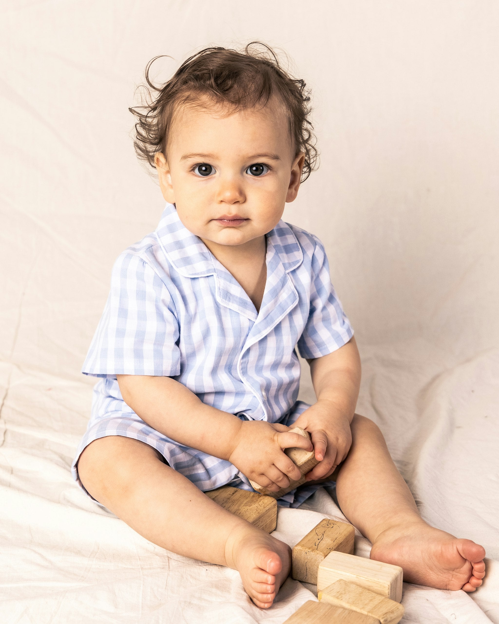 Baby's Twill Summer Romper in Royal Blue Gingham in Light Blue Gingham#Color_Light Blue Gingham