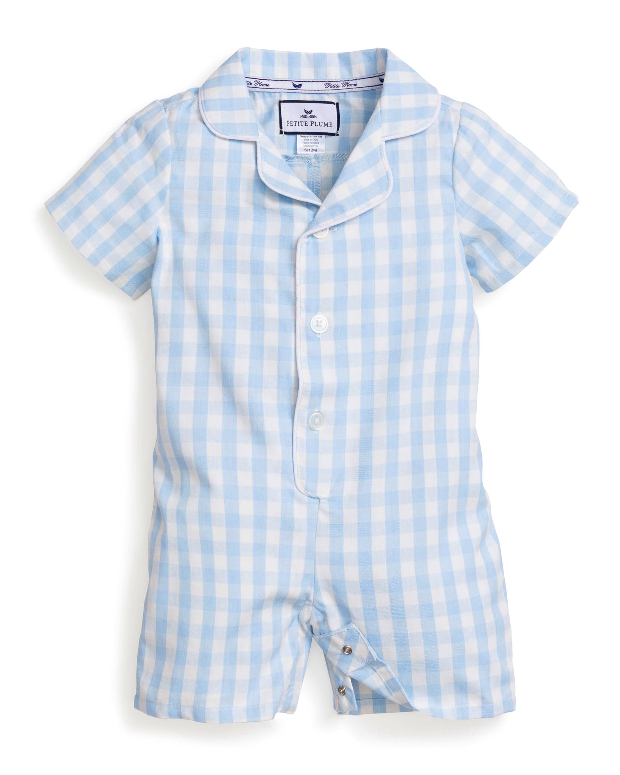 The Baby's Twill Summer Romper in Light Blue Gingham features short sleeves, a collar, white front buttons, and snap closures at the crotch in a classic light blue and white gingham pattern.