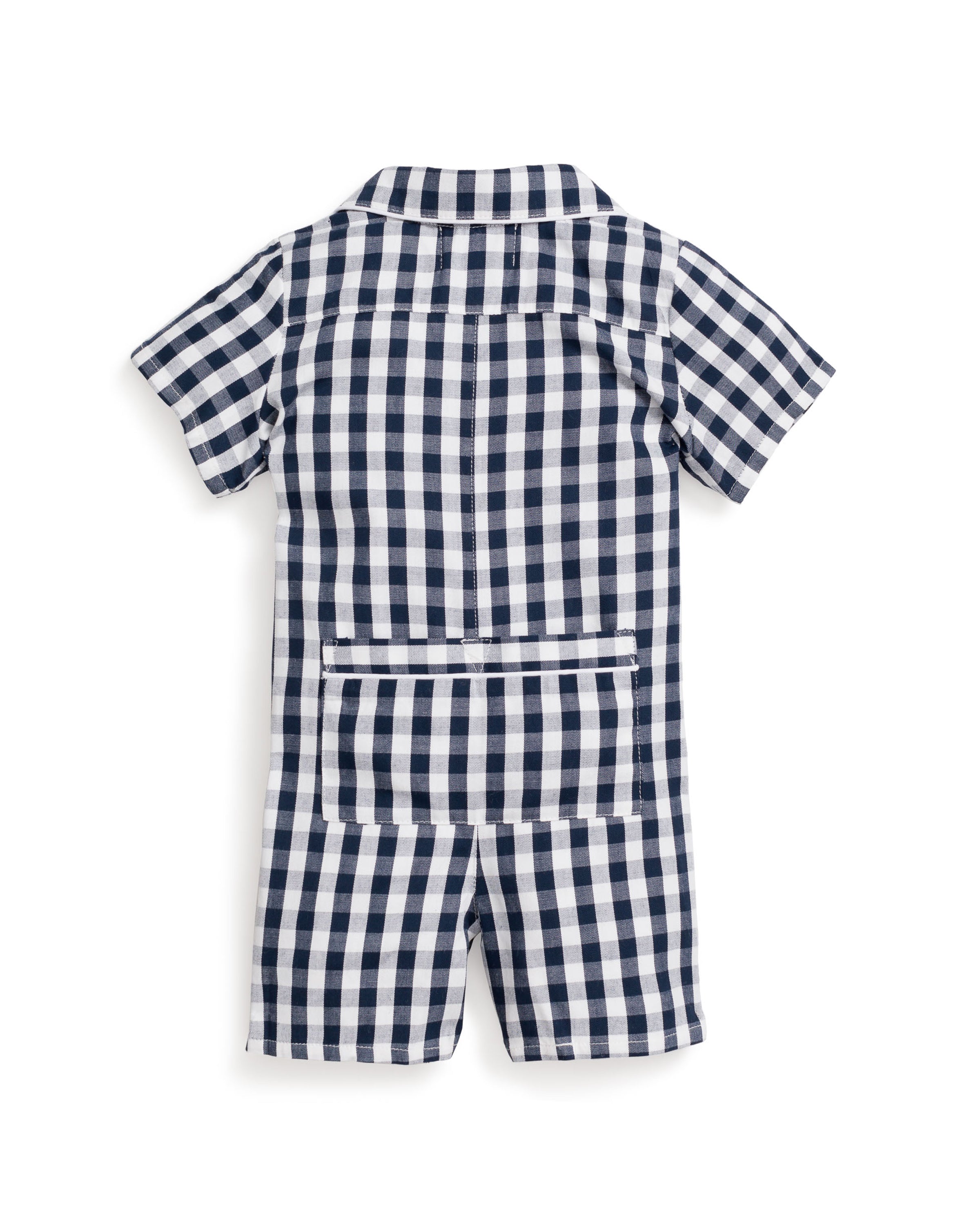 The back view of Petite Plumes Babys Twill Summer Romper shows a navy gingham print with a collared neckline, short sleeves, a back zipper closure, and waist pocket details.