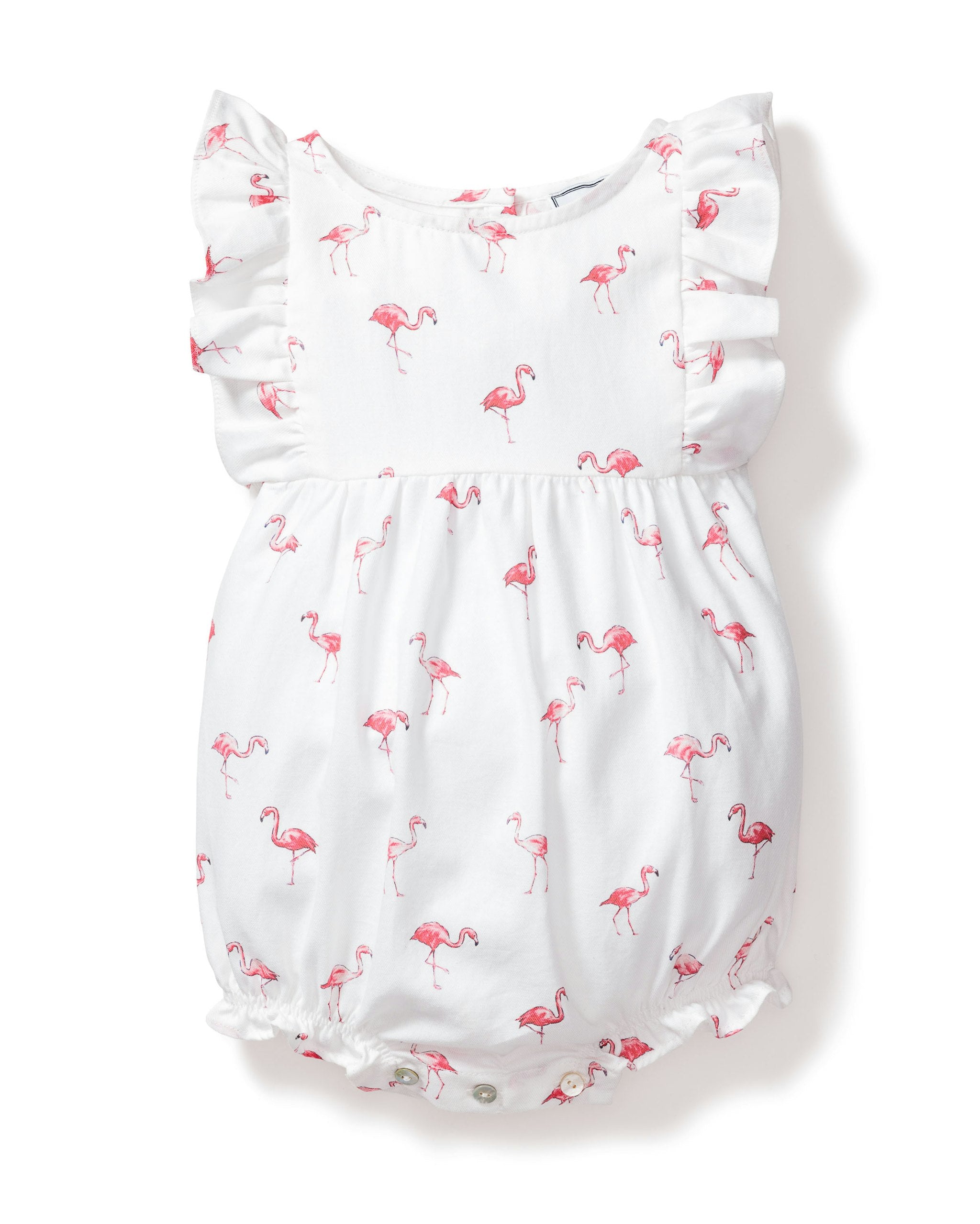 Baby's Twill Ruffled Romper in Seashell Splendor in Flamingos#Color_Flamingos