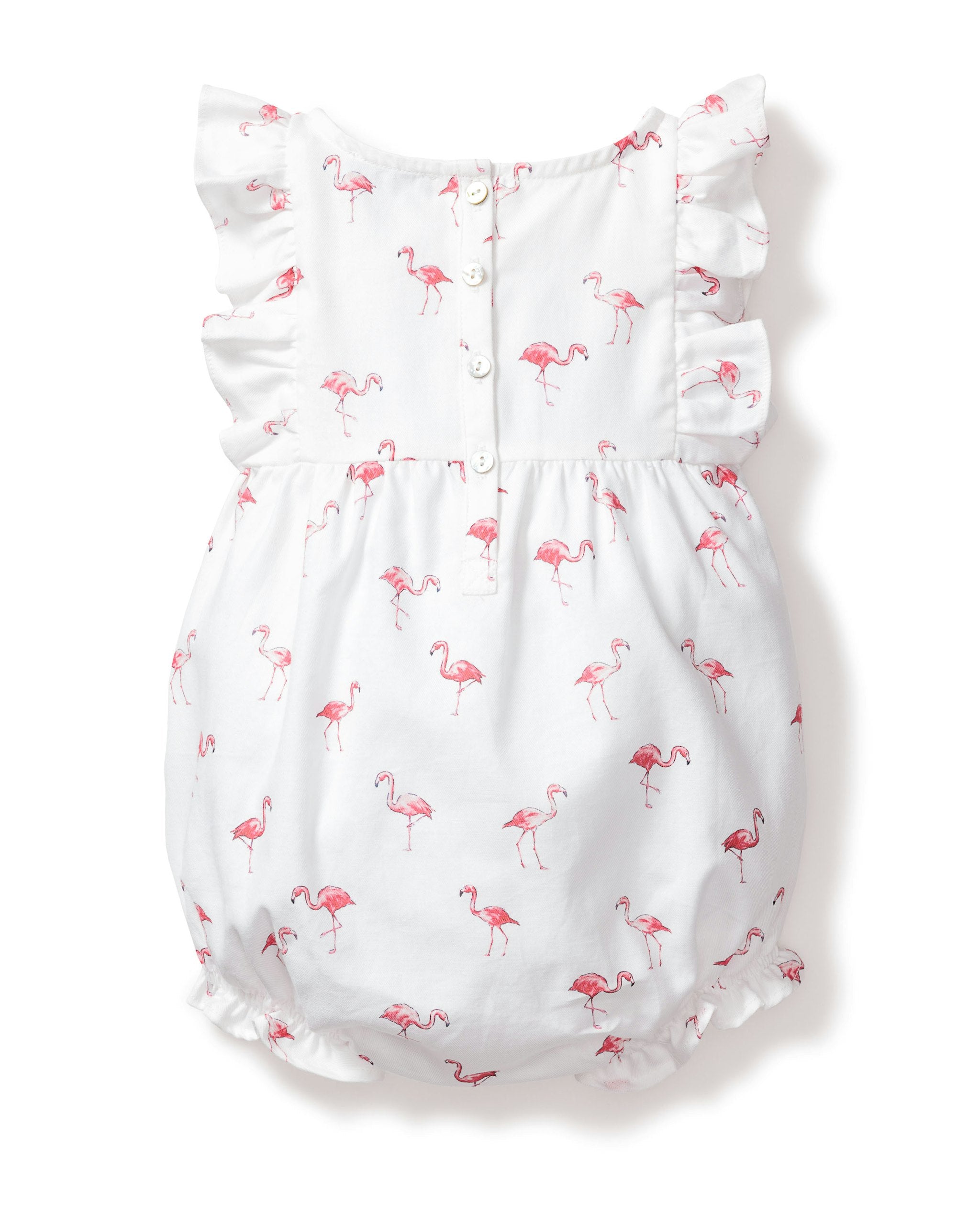Baby's Twill Ruffled Romper in Seashell Splendor in Flamingos#Color_Flamingos