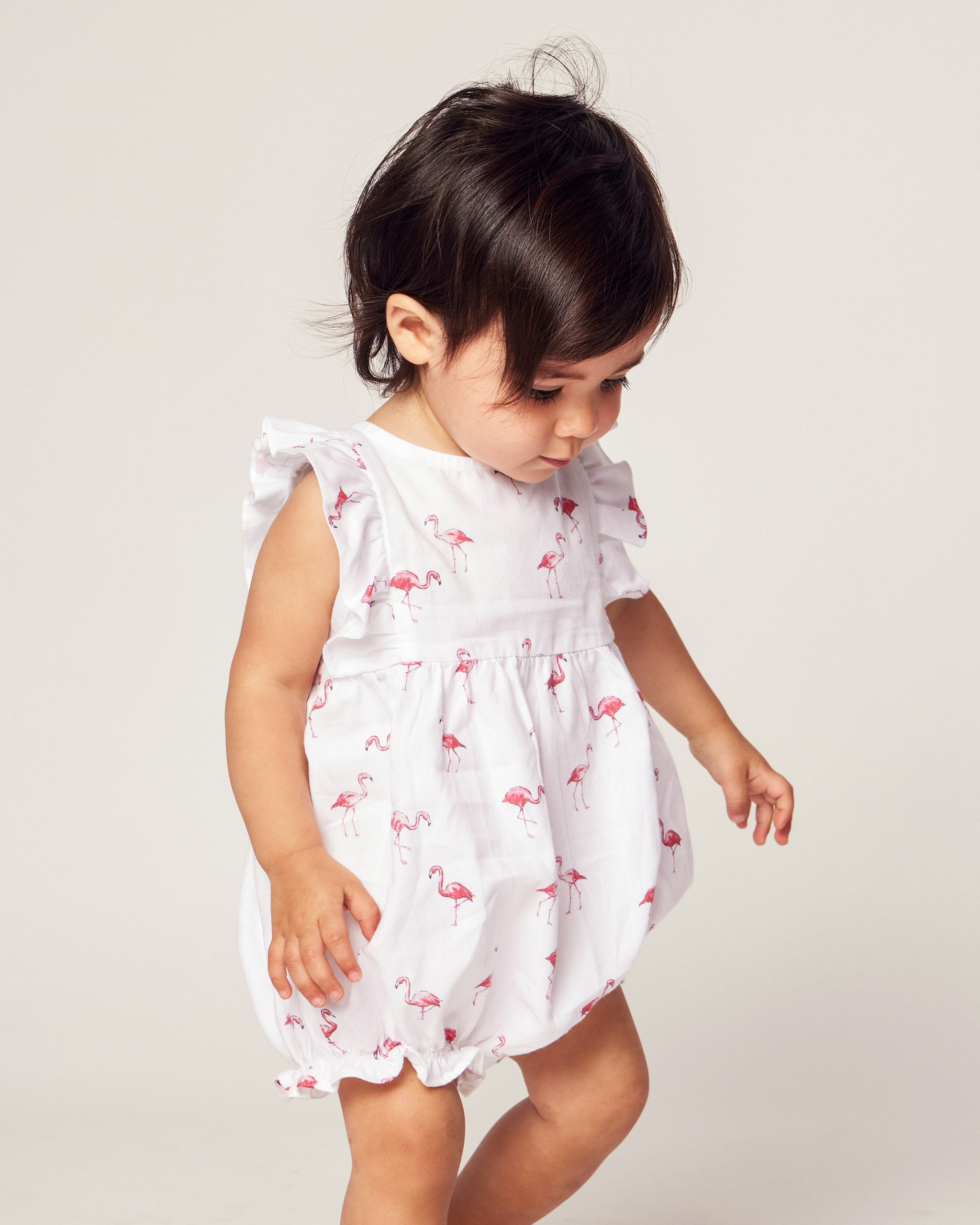 Baby's Twill Ruffled Romper in Seashell Splendor in Flamingos#Color_Flamingos