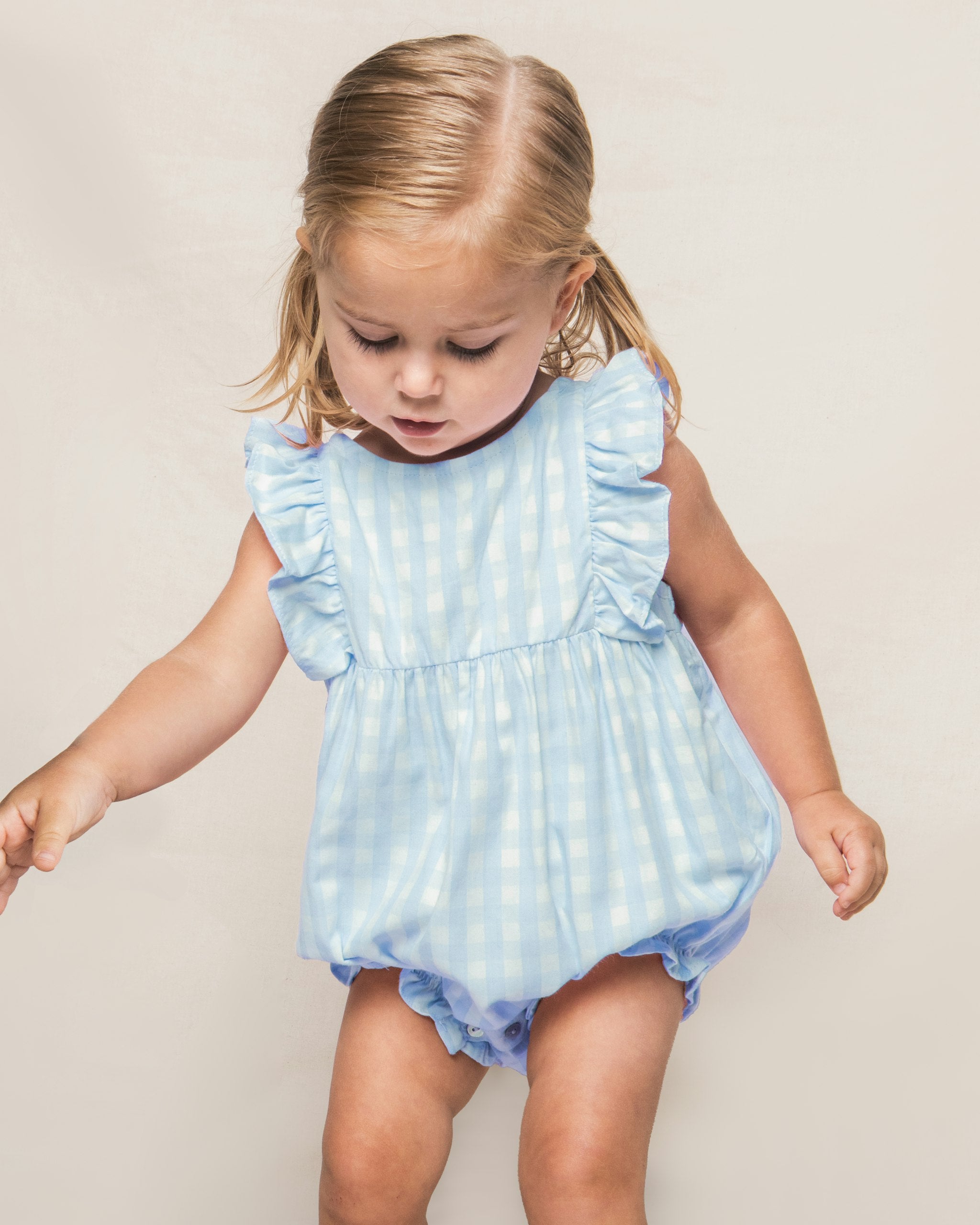 Baby's Twill Ruffled Romper in Royal Blue Gingham in Light Blue Gingham#Color_Light Blue Gingham