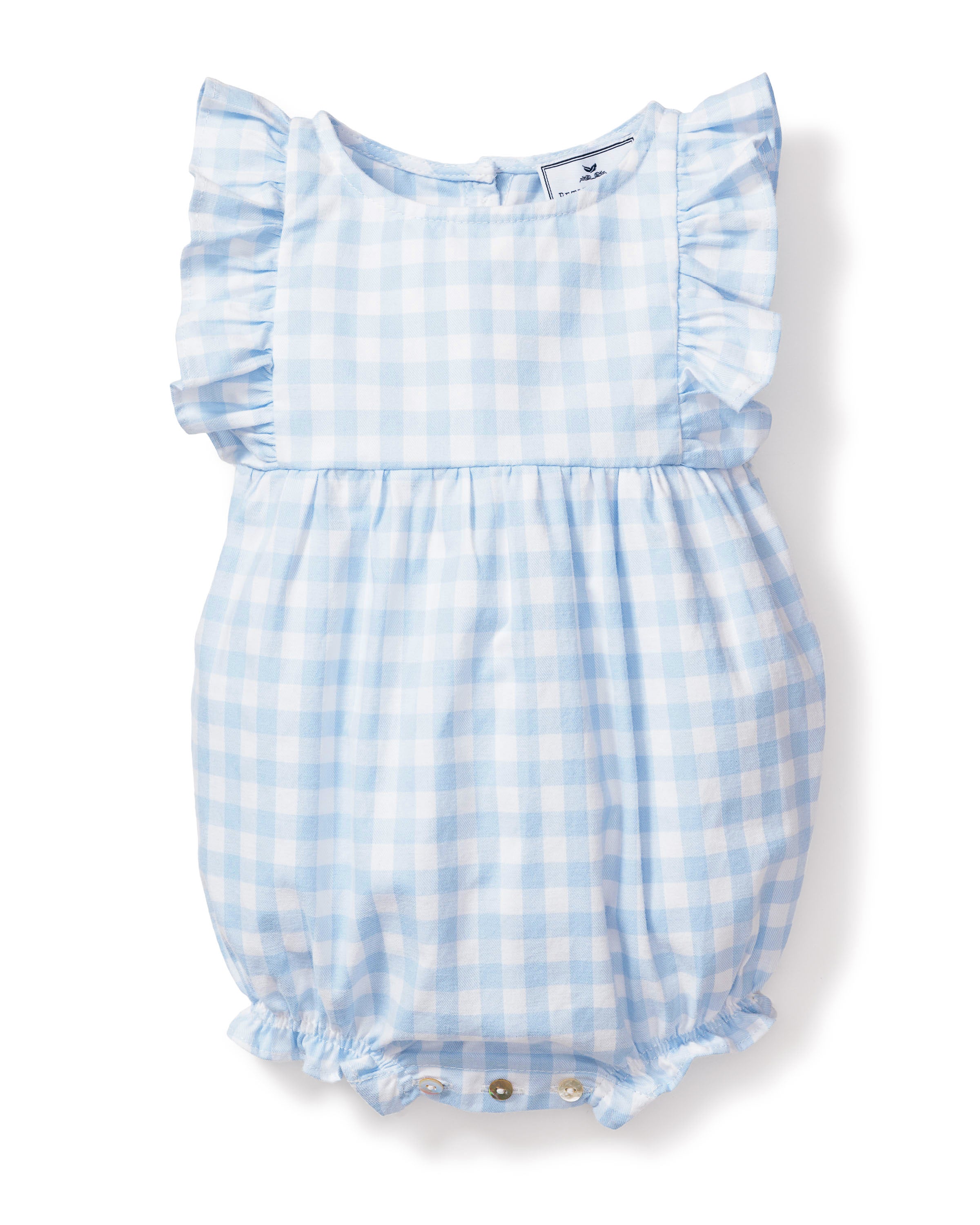 Baby's Twill Ruffled Romper in Light Blue Gingham features ruffled sleeves, a gathered waist, and bottom snap buttons for easy diaper changes, shown on a white background.