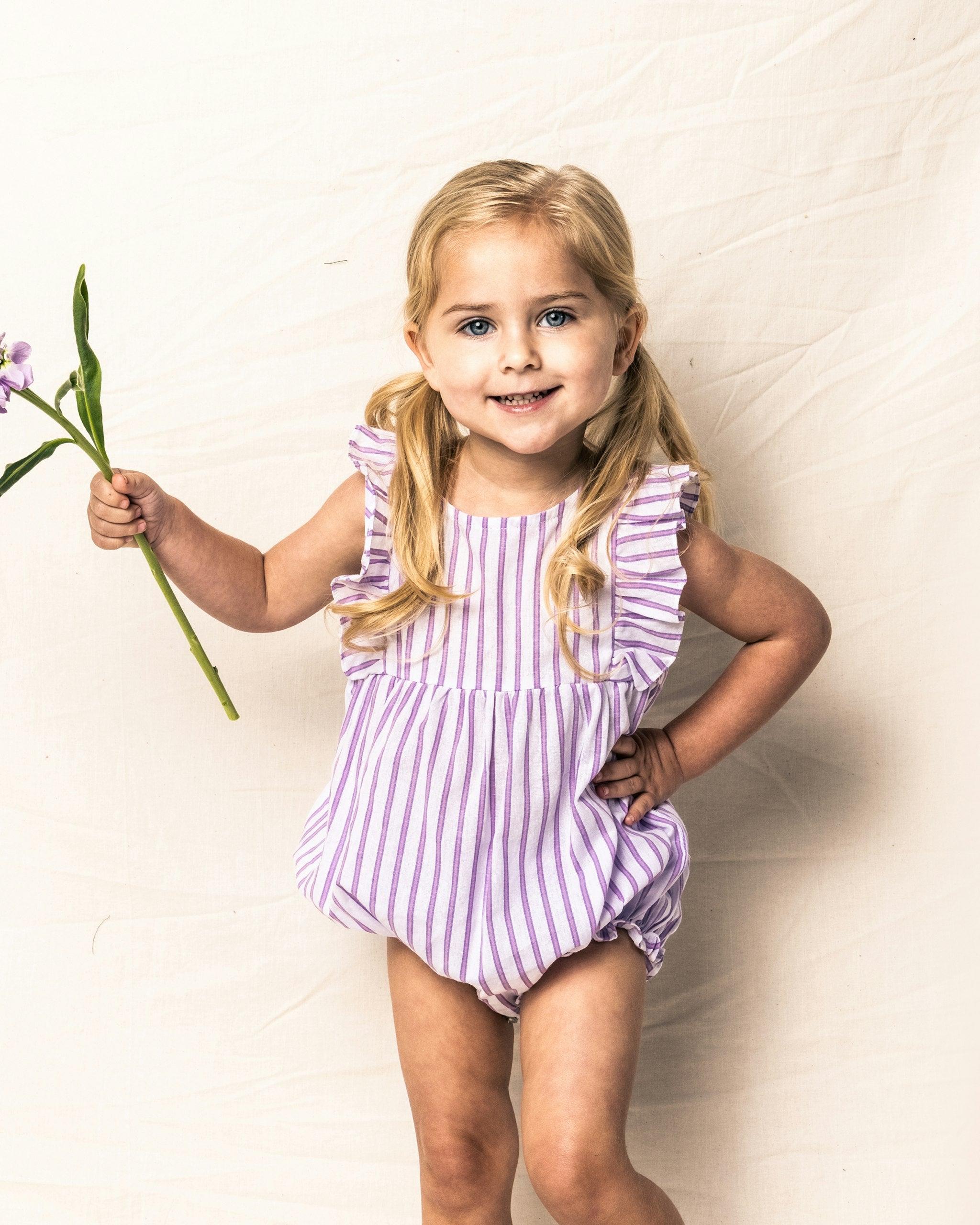 Baby's Twill Ruffled Romper in Navy French Ticking  in Lavender French Ticking#Color_Lavender French Ticking
