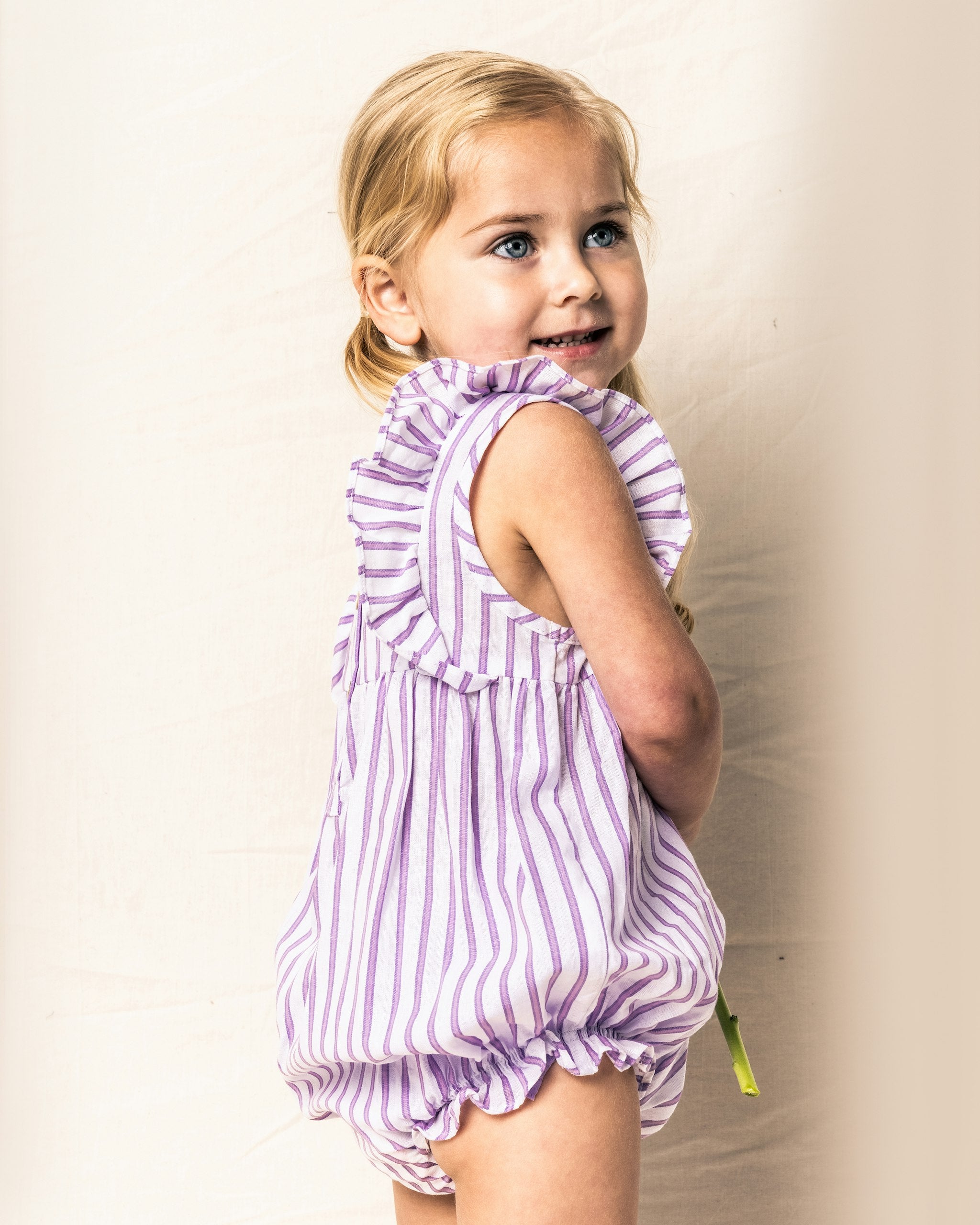 Baby's Twill Ruffled Romper in Navy French Ticking  in Lavender French Ticking#Color_Lavender French Ticking